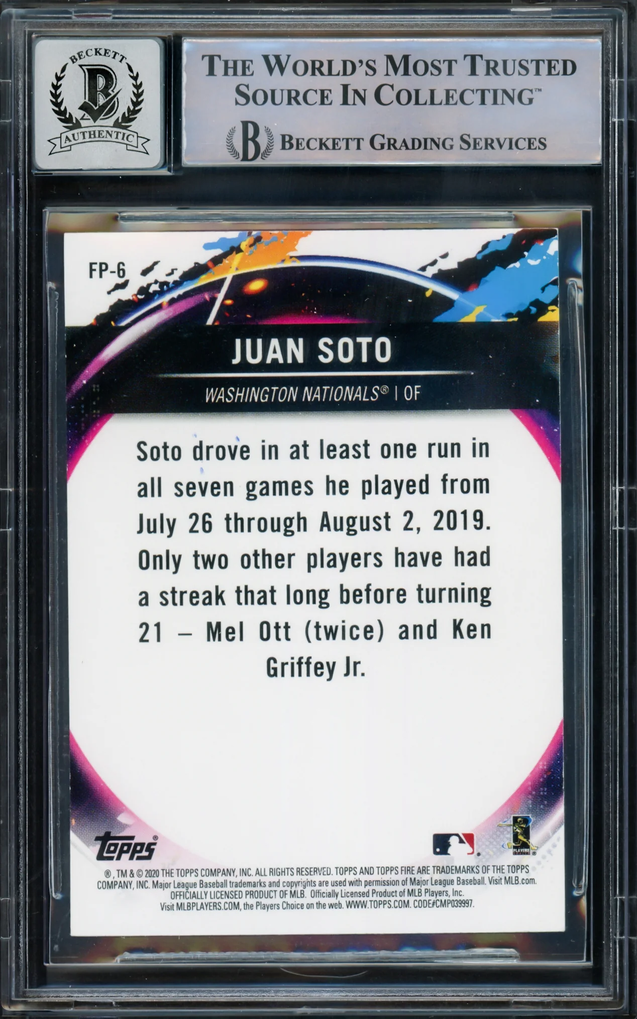 Juan Soto Autographed 2020 Topps Fire National BB Card Day Card #FP-6 New York Mets Auto Grade Gem Mint 10 Beckett BAS #15774040 - Image 2