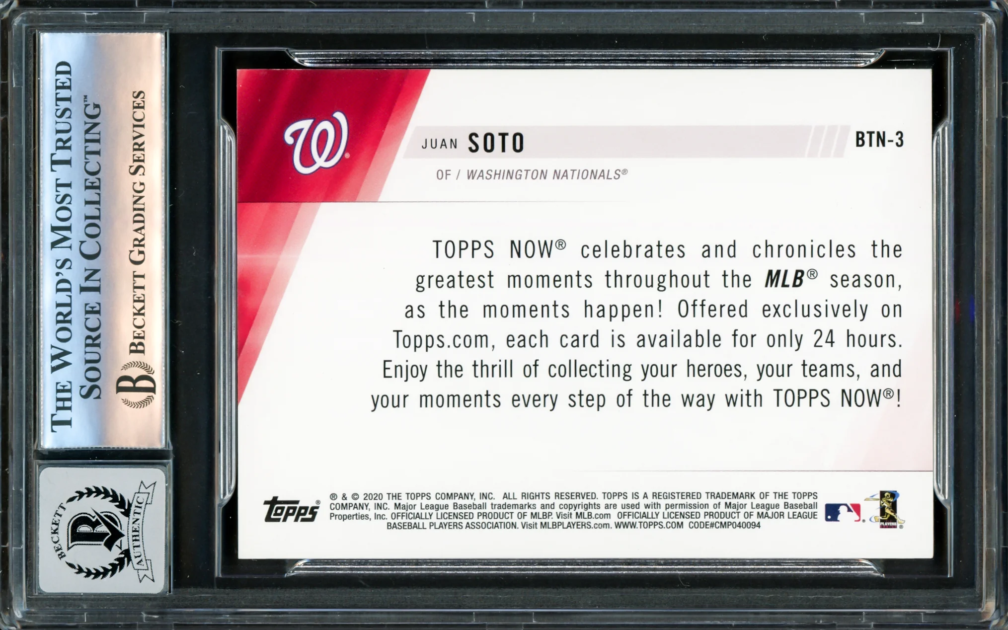 Juan Soto Autographed 2020 Topps Now Card #BTN-3 New York Mets Auto Grade Gem Mint 10 Beckett BAS #16172741 - Image 2