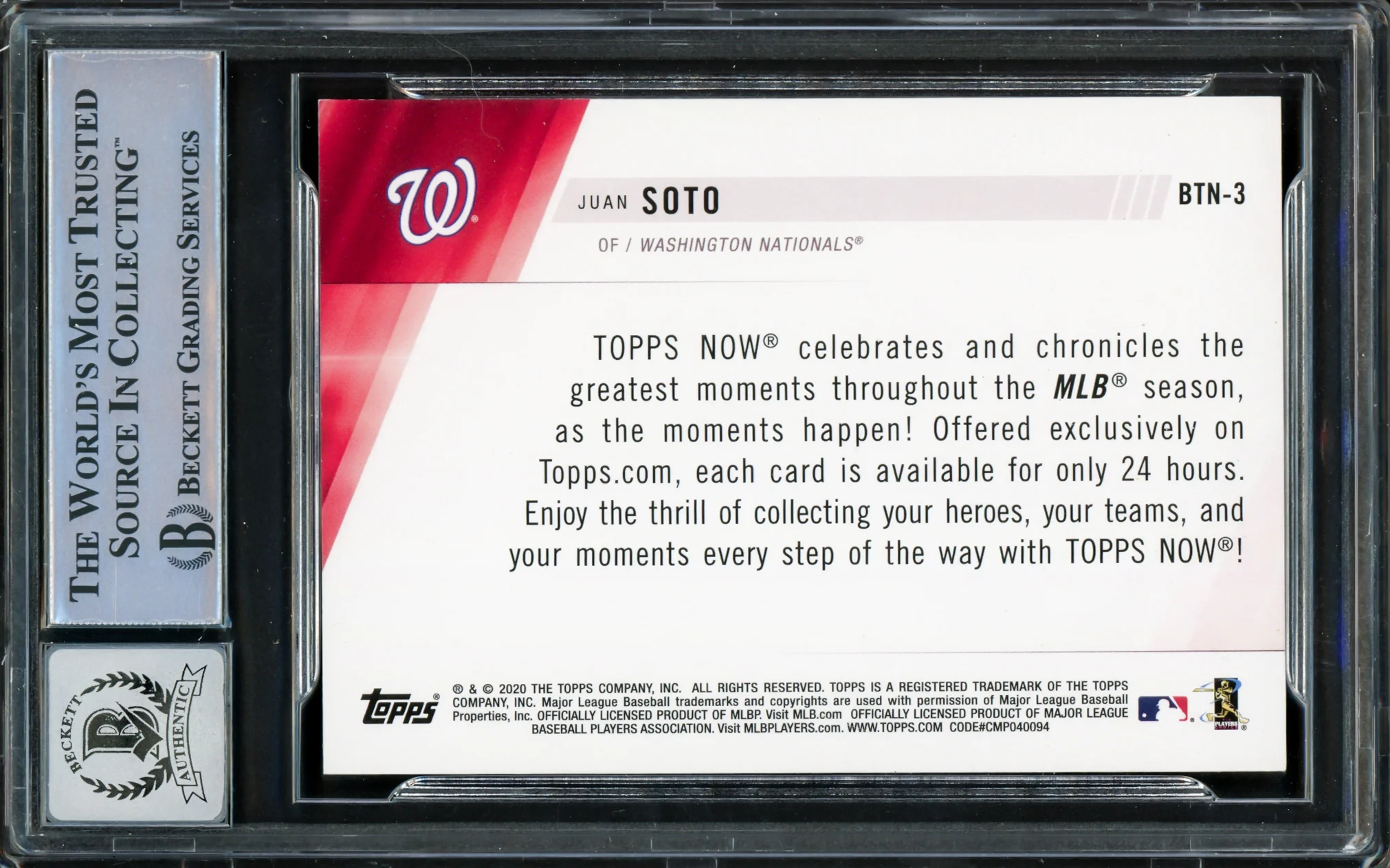 Juan Soto Autographed 2020 Topps Now Card #BTN-3 New York Mets Auto Grade Gem Mint 10 Beckett BAS #15860482 - Image 2