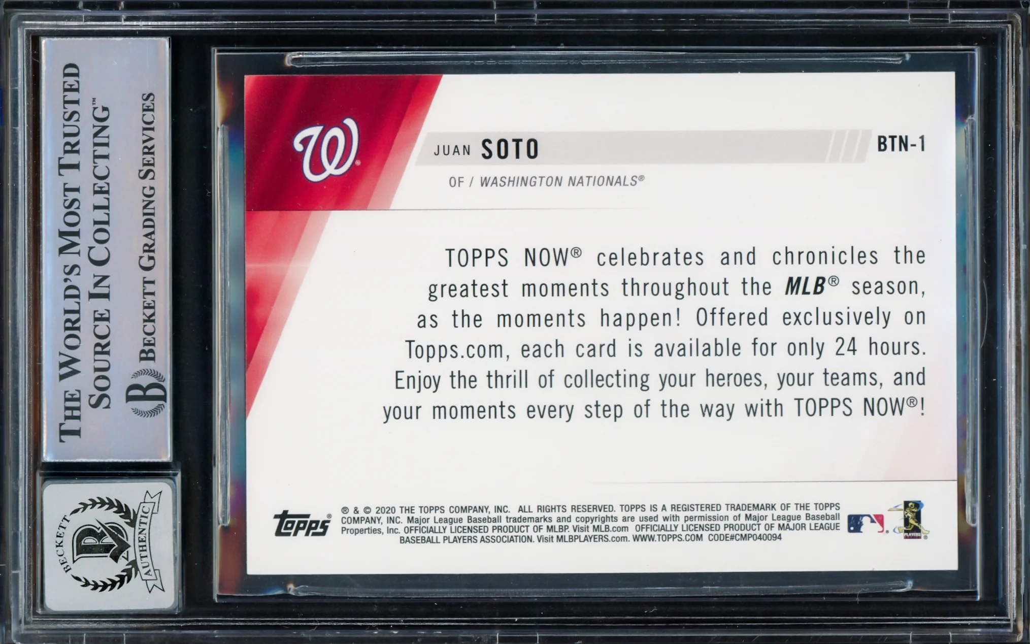 Juan Soto Autographed 2020 Topps Now Card #BTN1 New York Mets Auto Grade Gem Mint 10 Beckett BAS #15774048 - Image 2