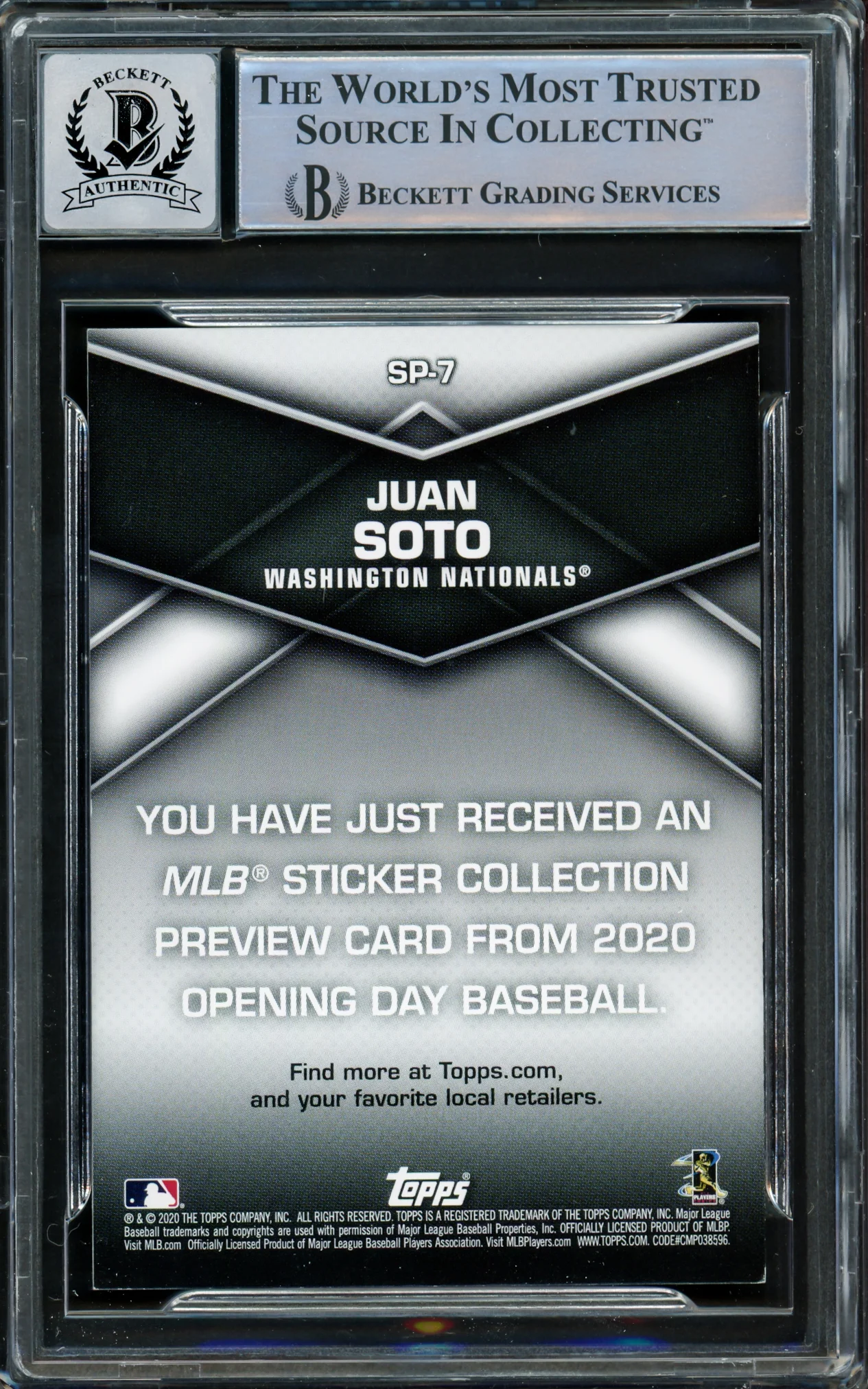 Juan Soto Autographed 2020 Topps Opening Day Sticker Preview Card #SP-7 New York Mets Auto Grade Gem Mint 10 Beckett BAS #15860423 - Image 2