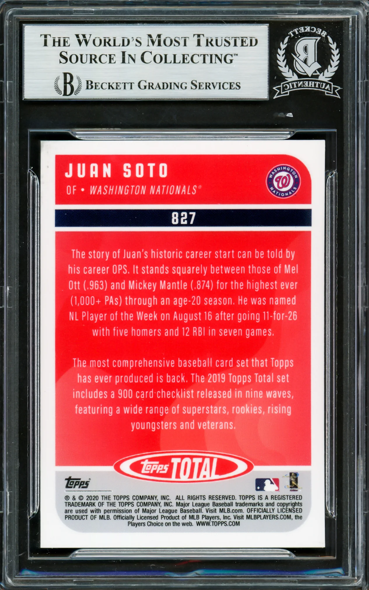 Juan Soto Autographed 2020 Topps Total Card #827 New York Mets Beckett BAS #16704298 - Image 2