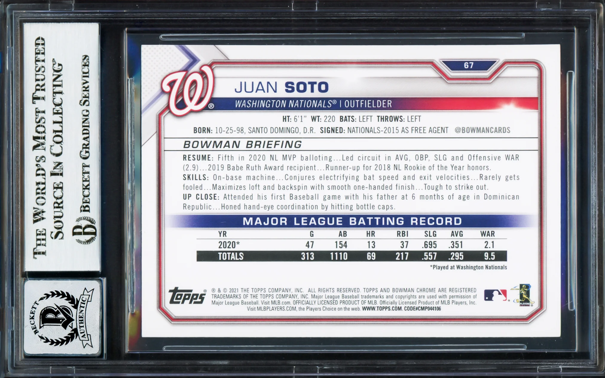 Juan Soto Autographed 2021 Bowman Card #67 New York Mets Auto Grade Gem Mint 10 Beckett BAS Stock #233983 - Image 2