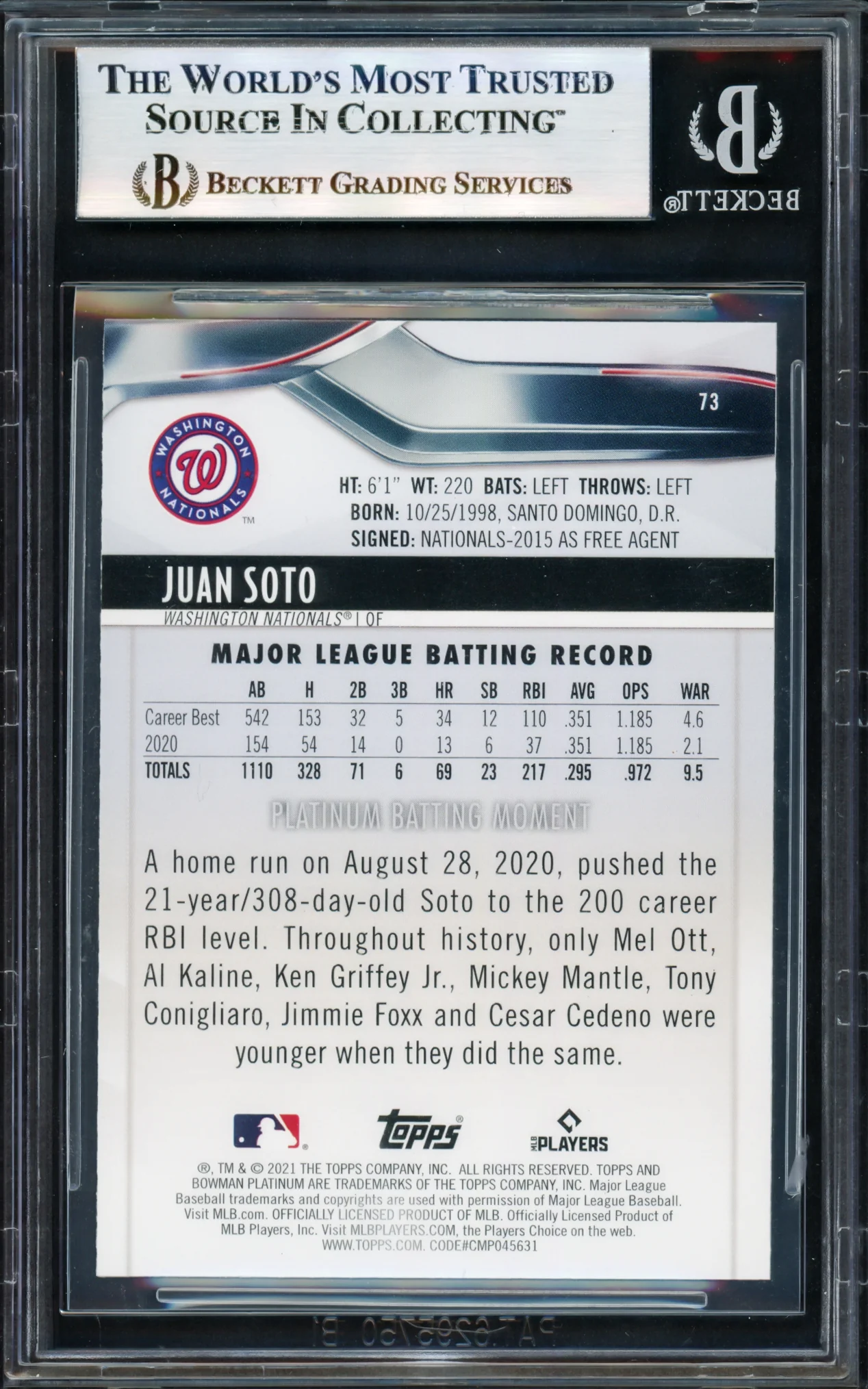 Juan Soto Autographed 2021 Bowman Platinum Card #73 New York Mets Beckett BAS #17069733 - Image 2