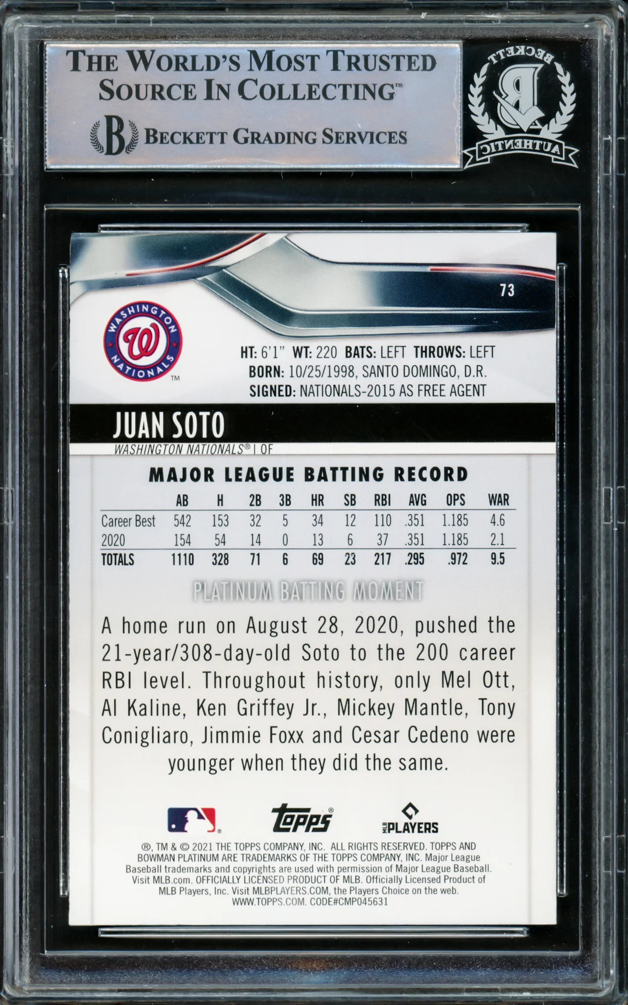 Juan Soto Autographed 2021 Bowman Platinum Card #73 New York Mets Beckett BAS #15781712 - Image 2