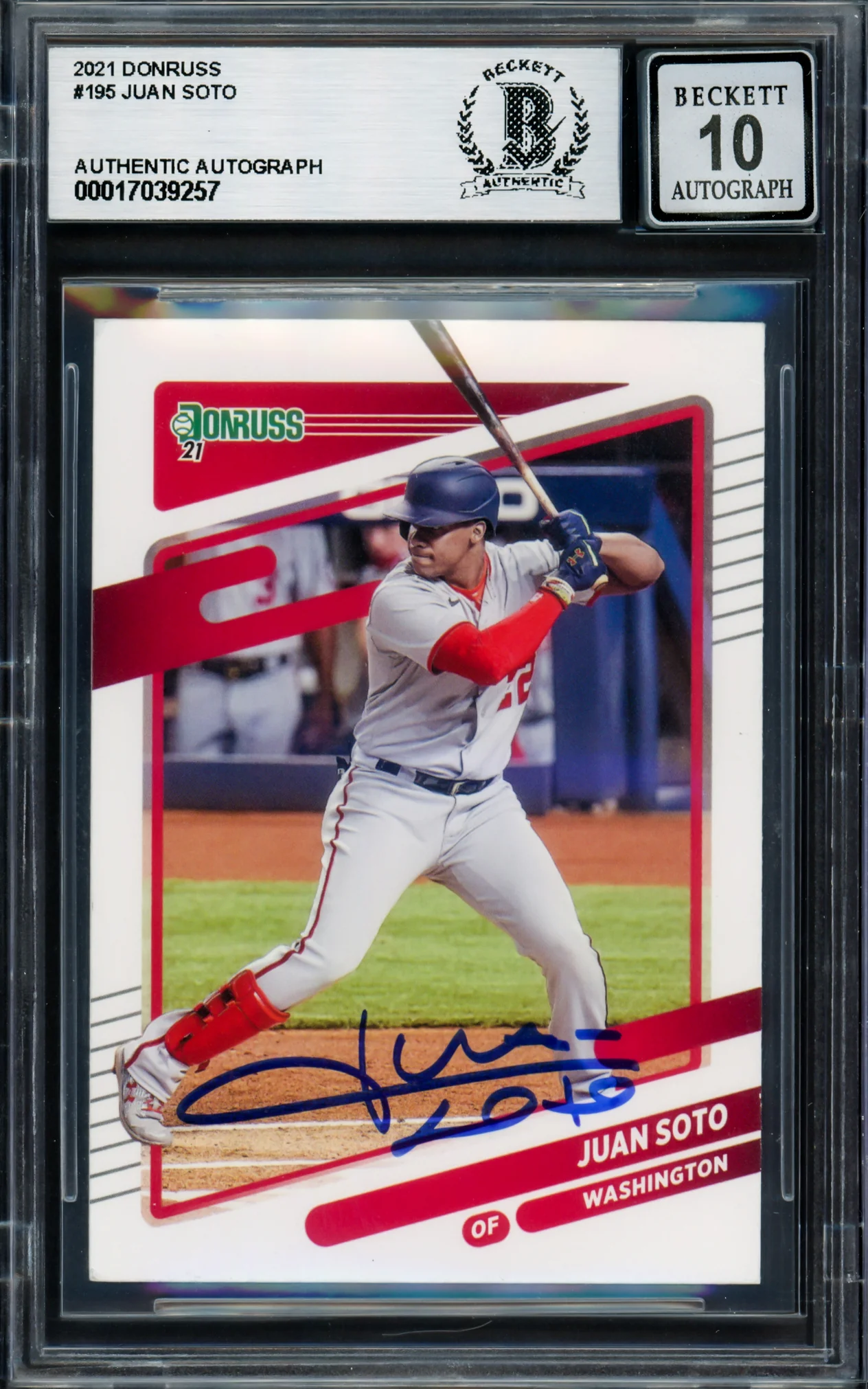 Juan Soto Autographed 2021 Donruss Card #195 New York Mets Auto Grade Gem Mint 10 Beckett BAS #17039257 - Image 3
