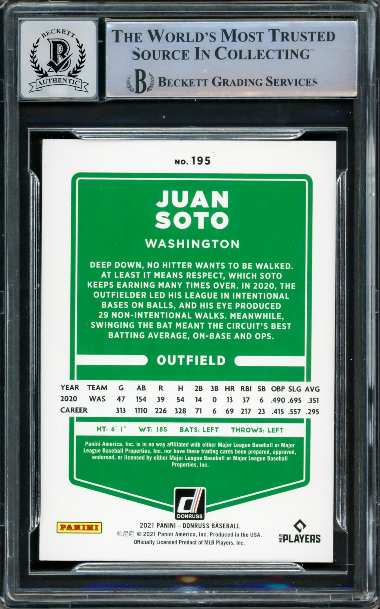 Juan Soto Autographed 2021 Donruss Card #195 New York Mets Auto Grade Gem Mint 10 Beckett BAS #15860487 - Image 2