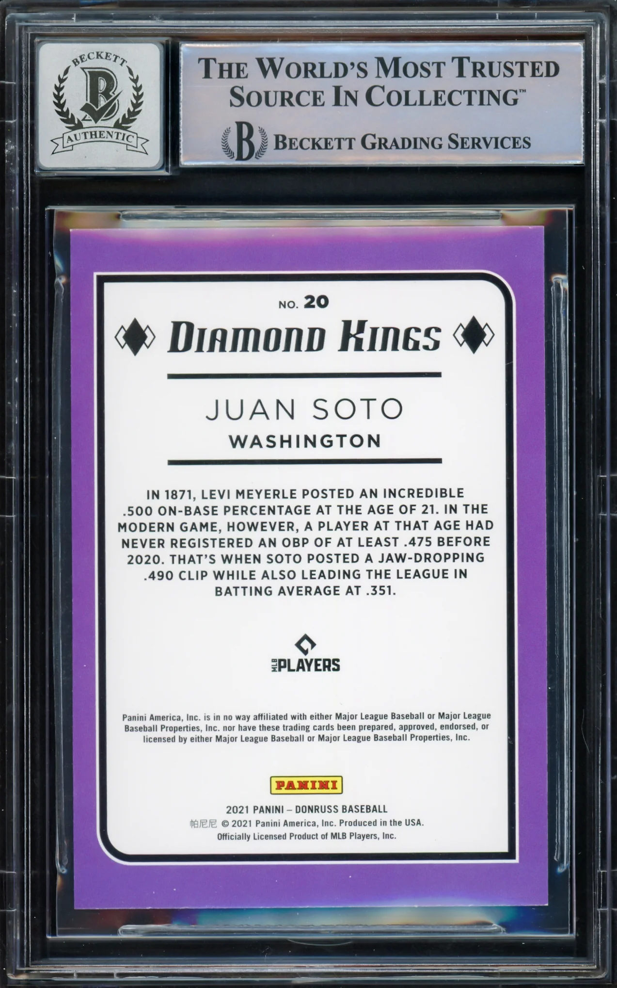 Juan Soto Autographed 2021 Donruss Diamond Kings Card #20 New York Mets Auto Grade Gem Mint 10 Beckett BAS #15774050 - Image 2