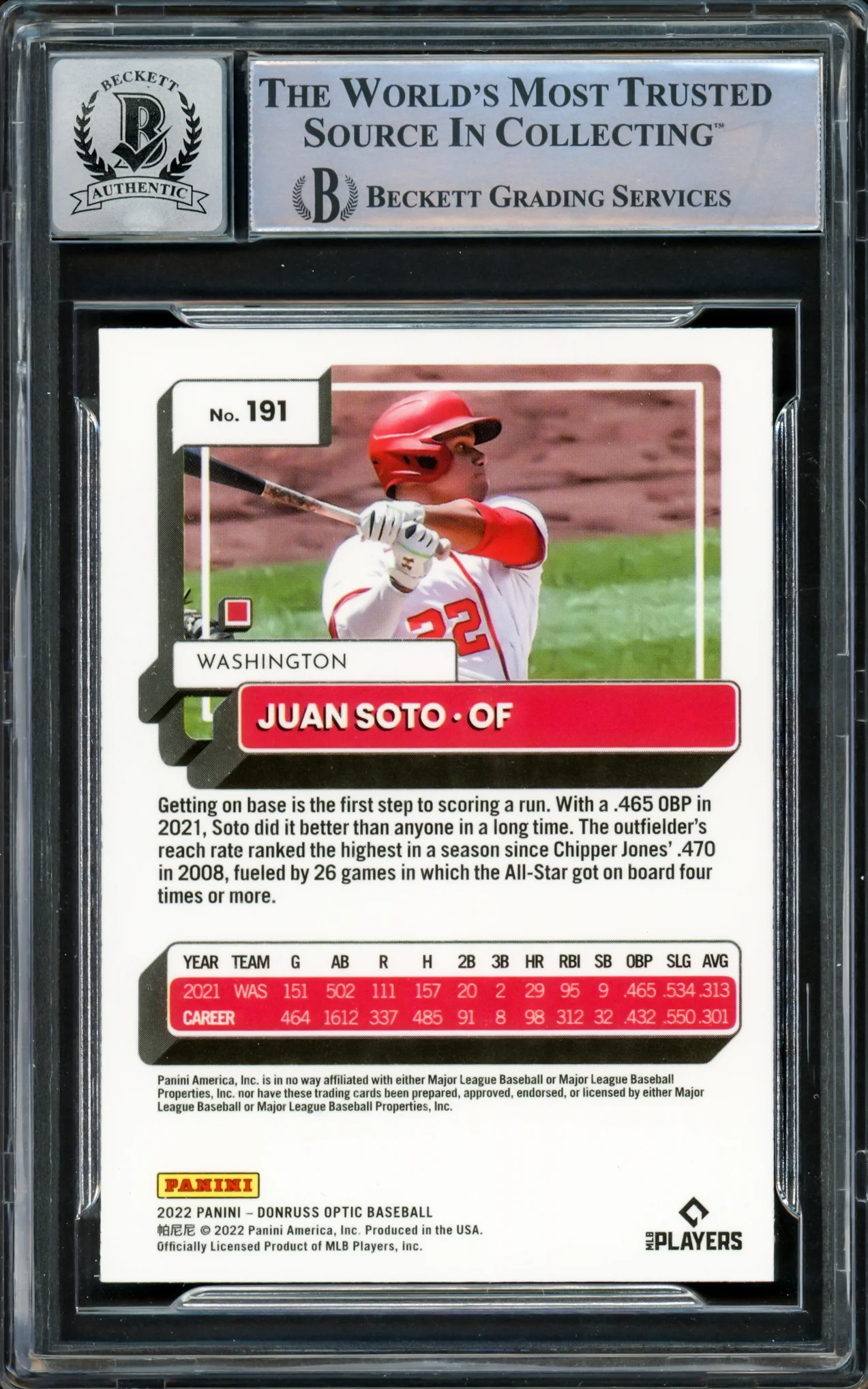 Juan Soto Autographed 2021 Donruss Optic Card #191 New York Mets Auto Grade Gem Mint 10 Beckett BAS #15860608 - Image 2