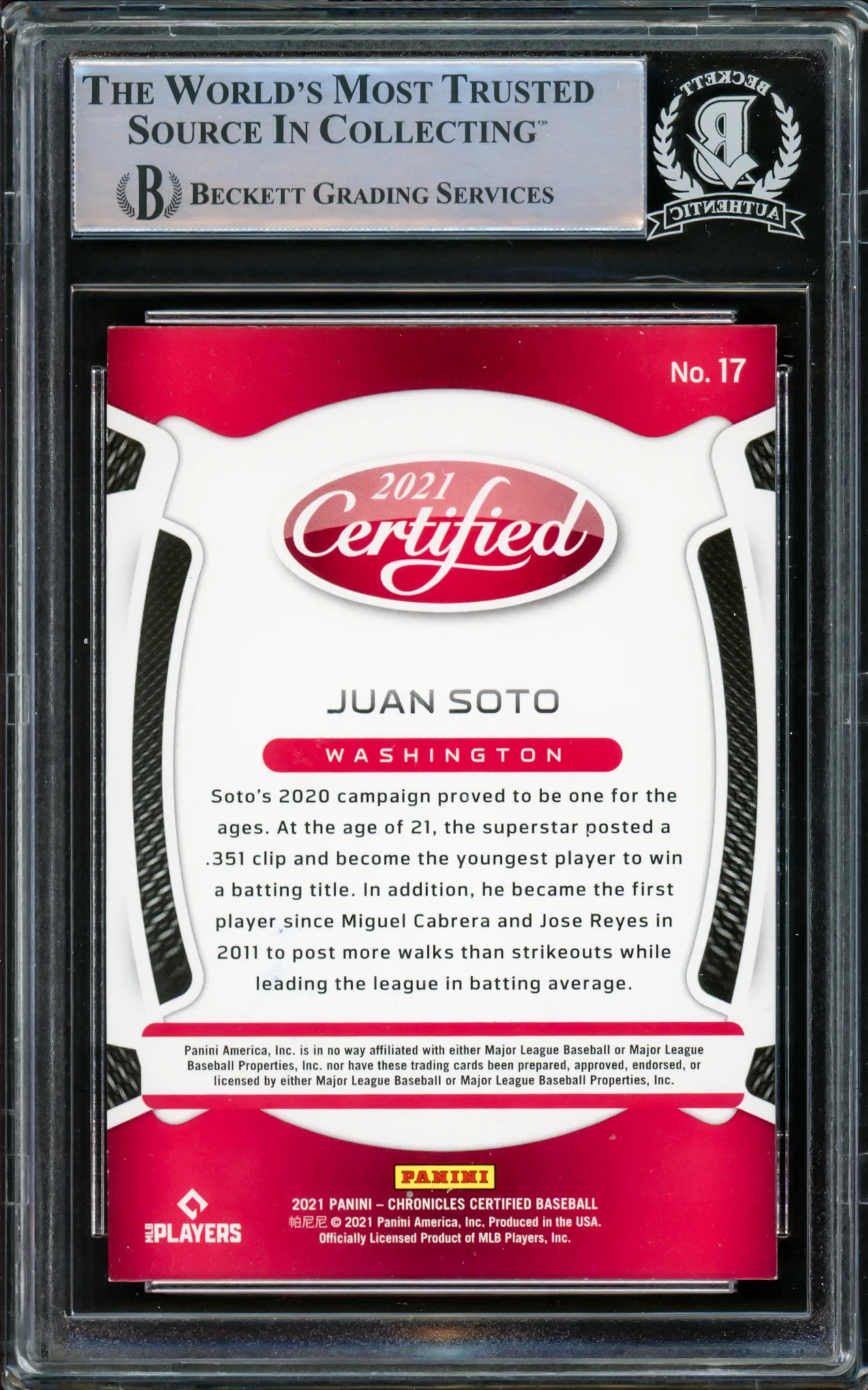 Juan Soto Autographed 2021 Panini Certified Card #17 New York Mets Beckett BAS #15866922 - Image 2