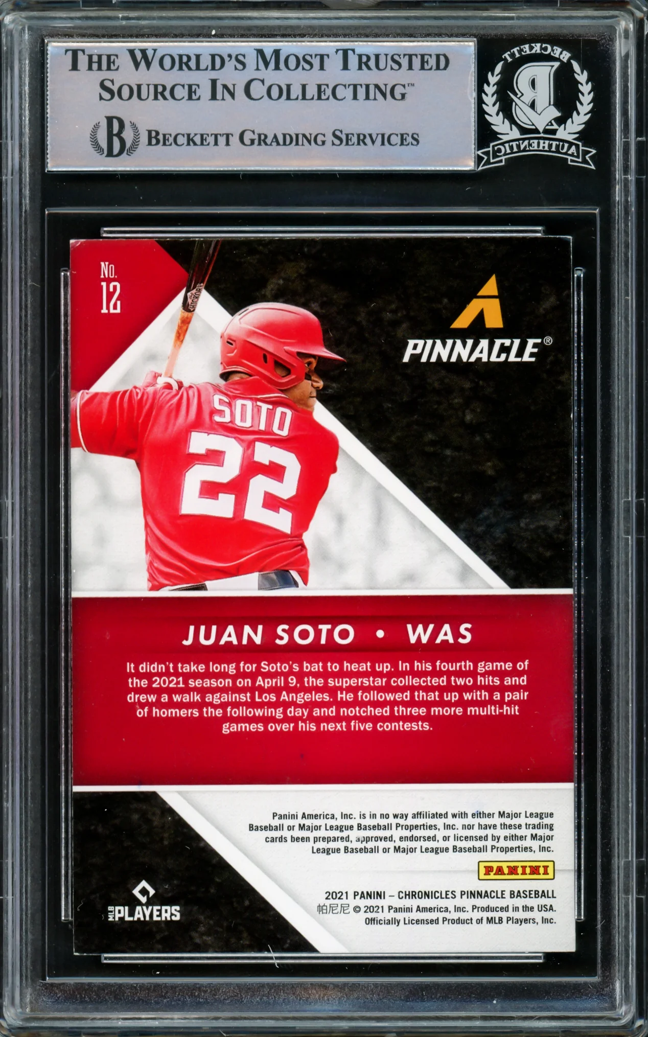 Juan Soto Autographed 2021 Panini Chronicles Pinnacle Card #12 New York Mets Beckett BAS #15781718 - Image 2