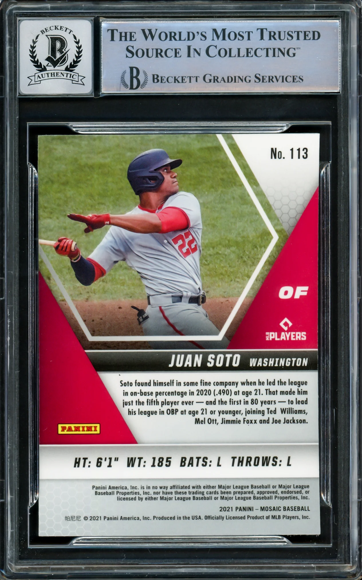 Juan Soto Autographed 2021 Panini Mosaic Card #113 New York Mets Auto Grade Gem Mint 10 Beckett BAS #15860496 - Image 2