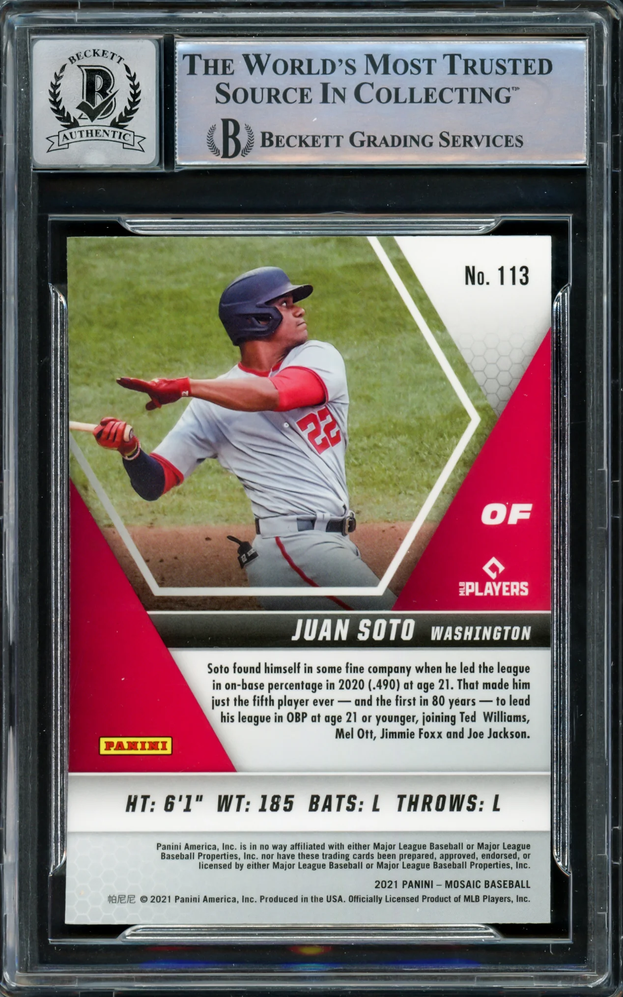 Juan Soto Autographed 2021 Panini Mosaic Card #113 New York Mets Auto Grade Gem Mint 10 Beckett BAS #15860497 - Image 2