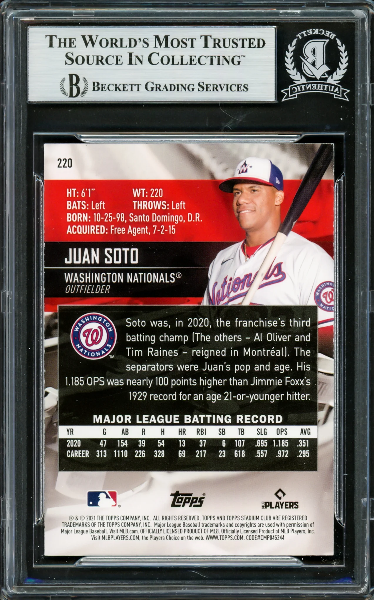 Juan Soto Autographed 2021 Stadium Club Card #220 New York Mets Beckett BAS #16704326 - Image 2