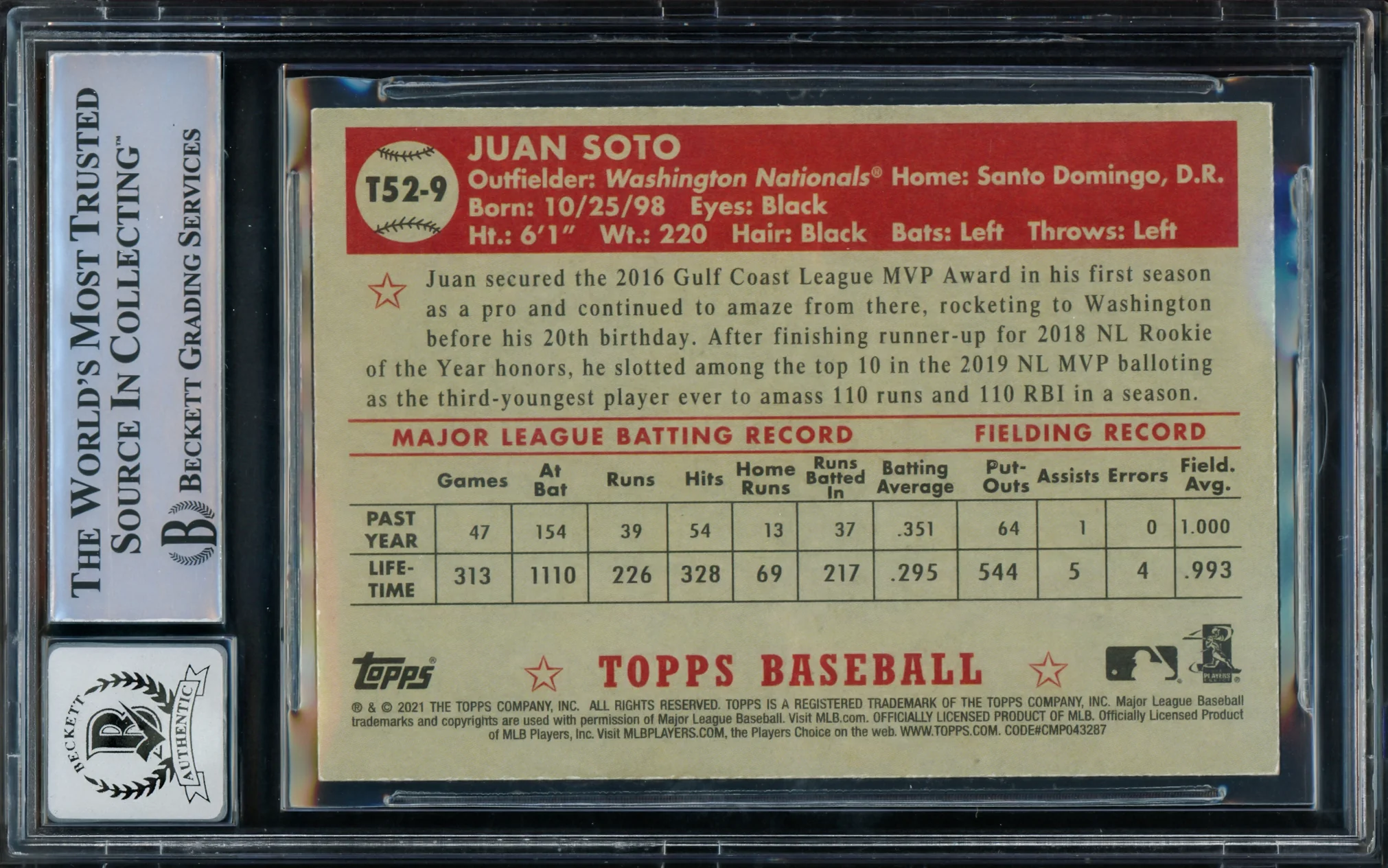 Juan Soto Autographed 2021 Topps 1952 Redux Card #T52-9 New York Mets Auto Grade Gem Mint 10 Beckett BAS #15774058 - Image 2