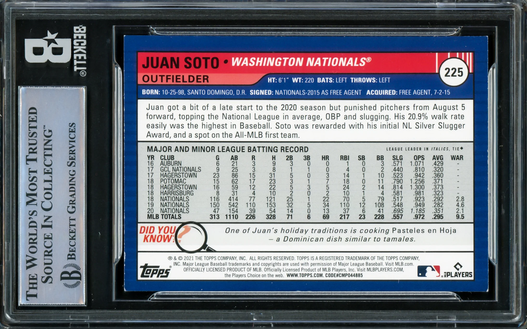 Juan Soto Autographed 2021 Topps Big League Card #225 Washington Nationals Beckett BAS #16545834 - Image 2