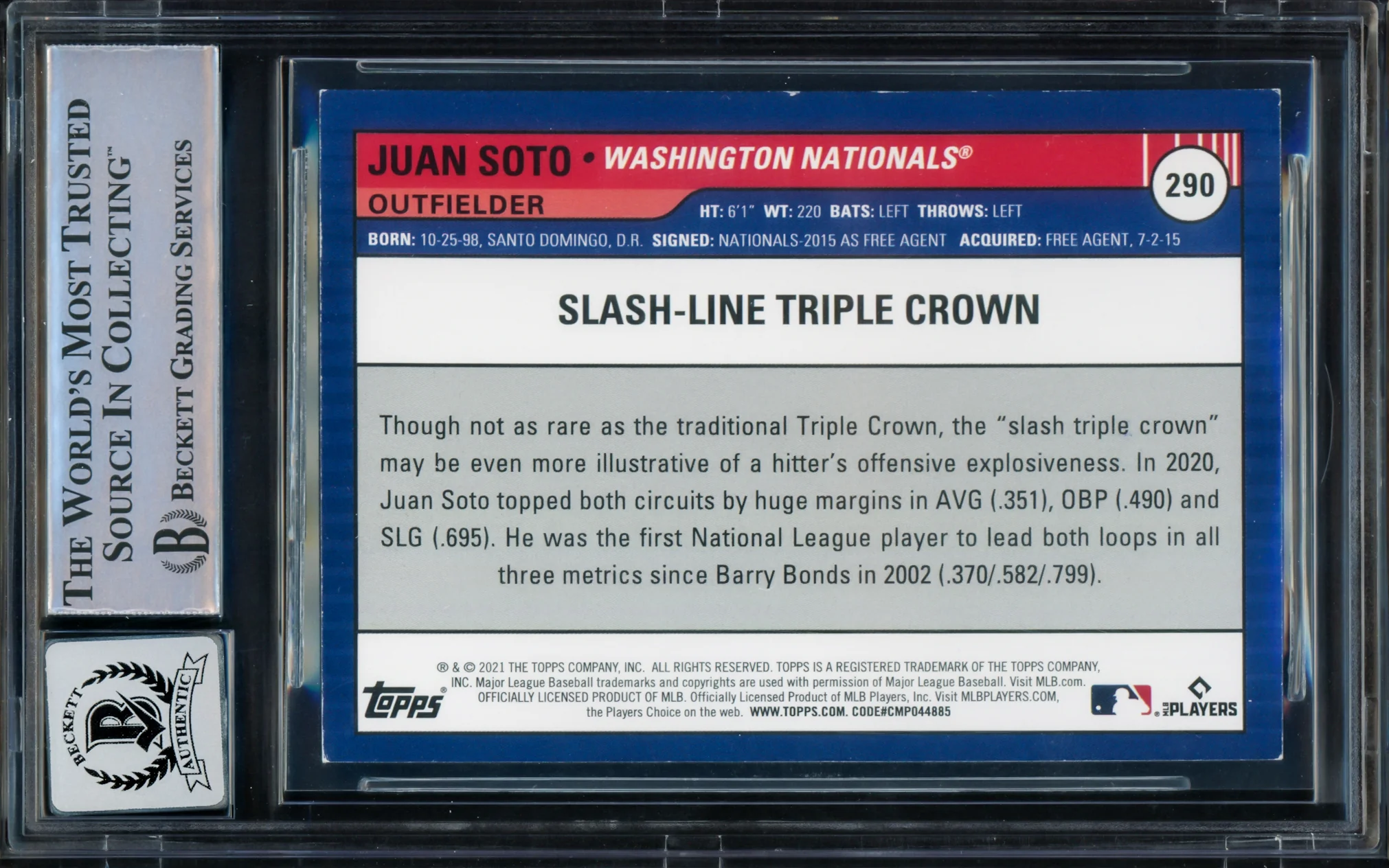 Juan Soto Autographed 2021 Topps Big League Card #290 New York Mets Auto Grade Gem Mint 10 Beckett BAS Stock #229022 - Image 2