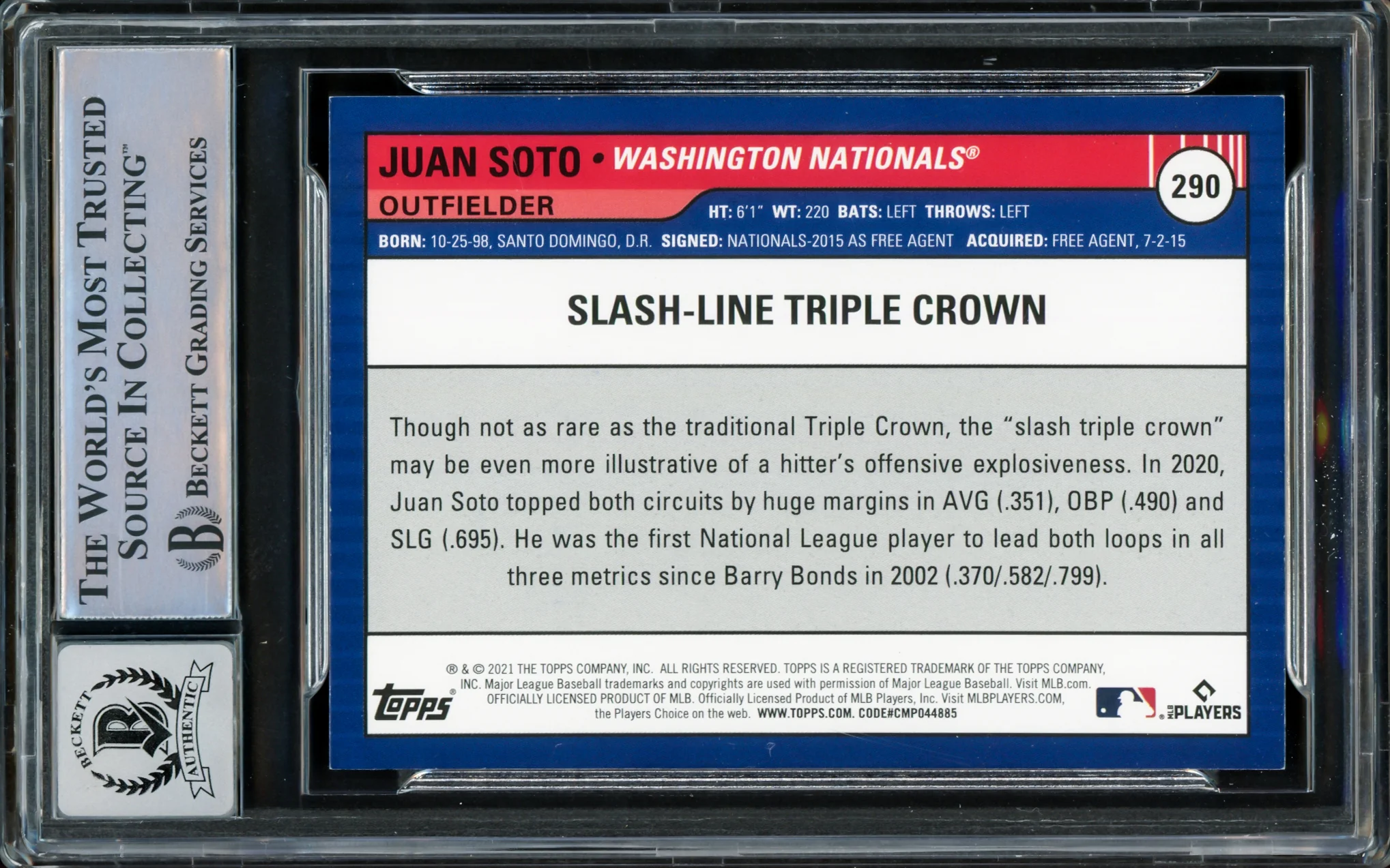 Juan Soto Autographed 2021 Topps Big League Card #290 New York Mets Auto Grade Gem Mint 10 Beckett BAS #15860525 - Image 2