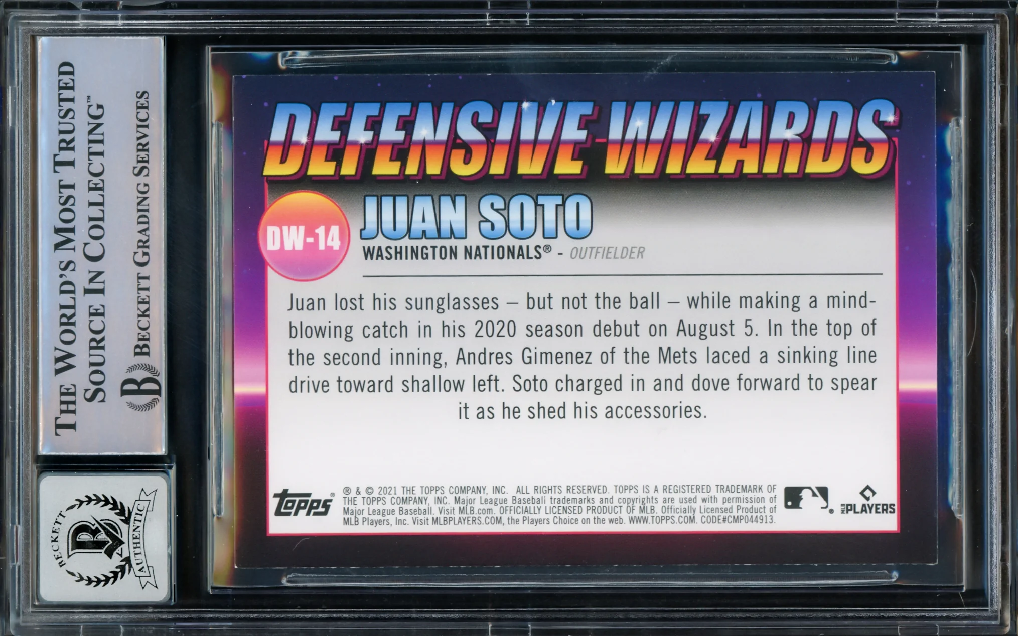 Juan Soto Autographed 2021 Topps Big League Defensive Wizards Card #DW-14 New York Mets Auto Grade Gem Mint 10 Beckett BAS #15774061 - Image 2
