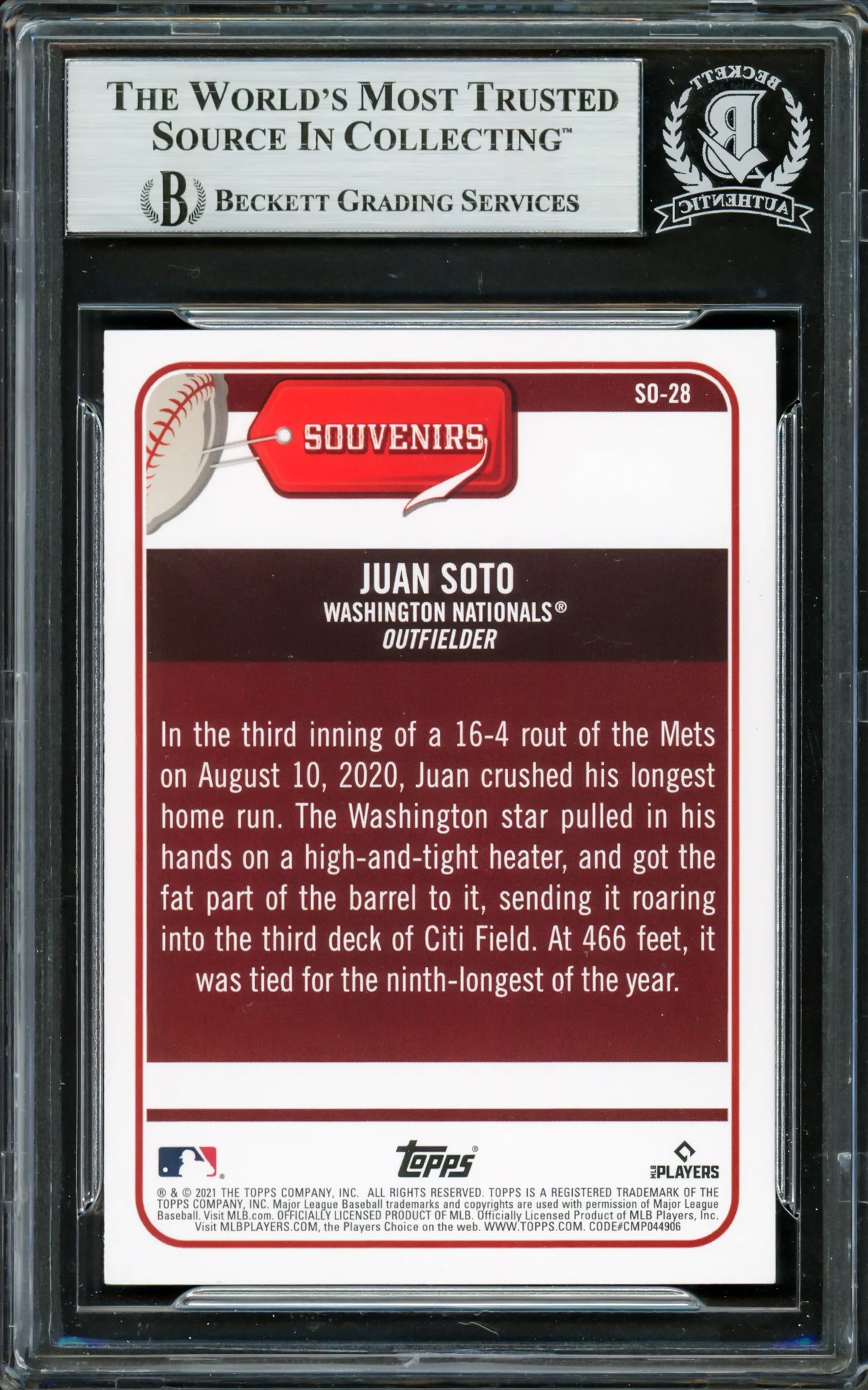 Juan Soto Autographed 2021 Topps Big League Souvenirs Card #SO-28 New York Mets Beckett BAS Stock #228038 - Image 2
