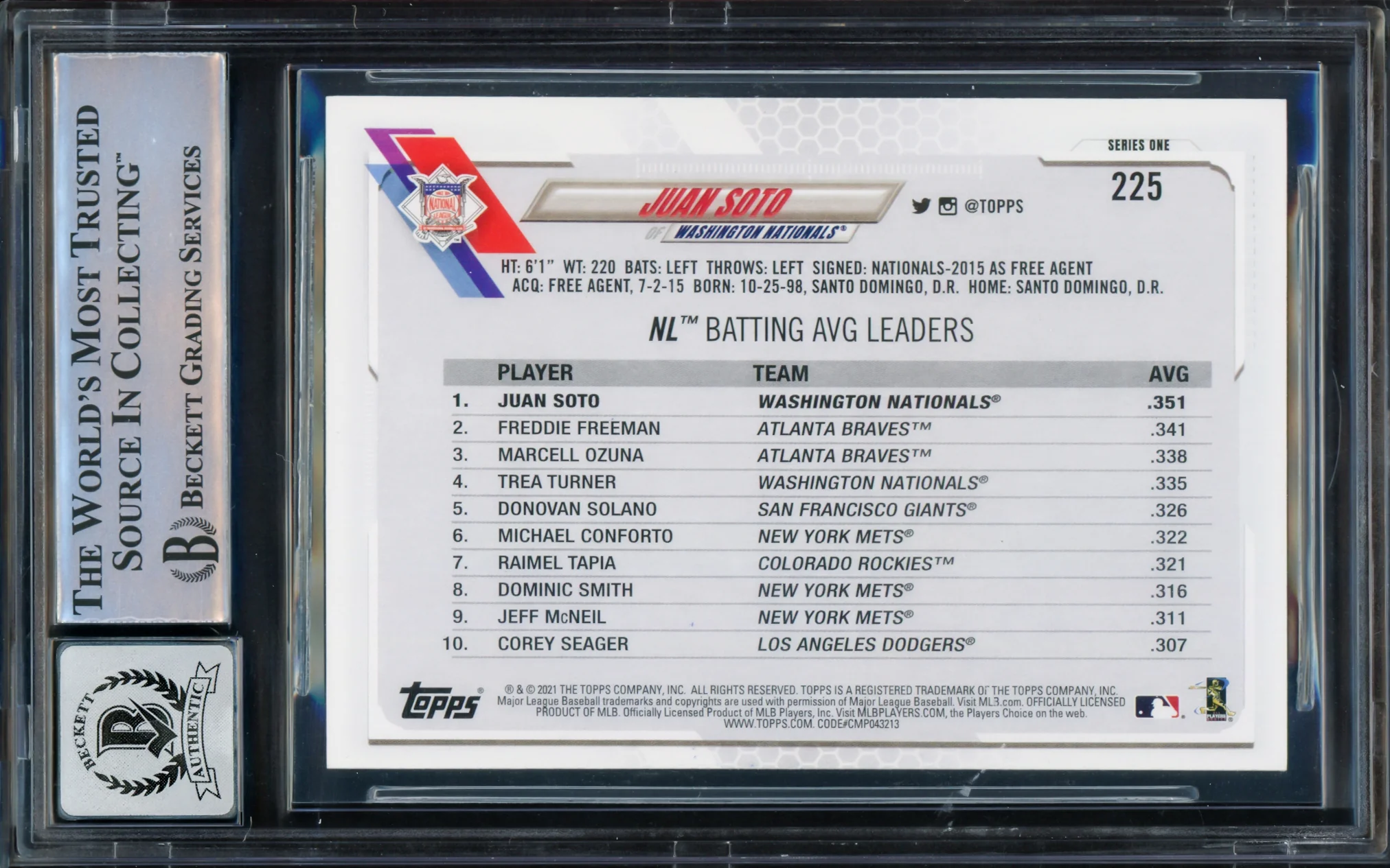 Juan Soto Autographed 2021 Topps Card #225 New York Mets Auto Grade Gem Mint 10 Beckett BAS Stock #229020 - Image 2