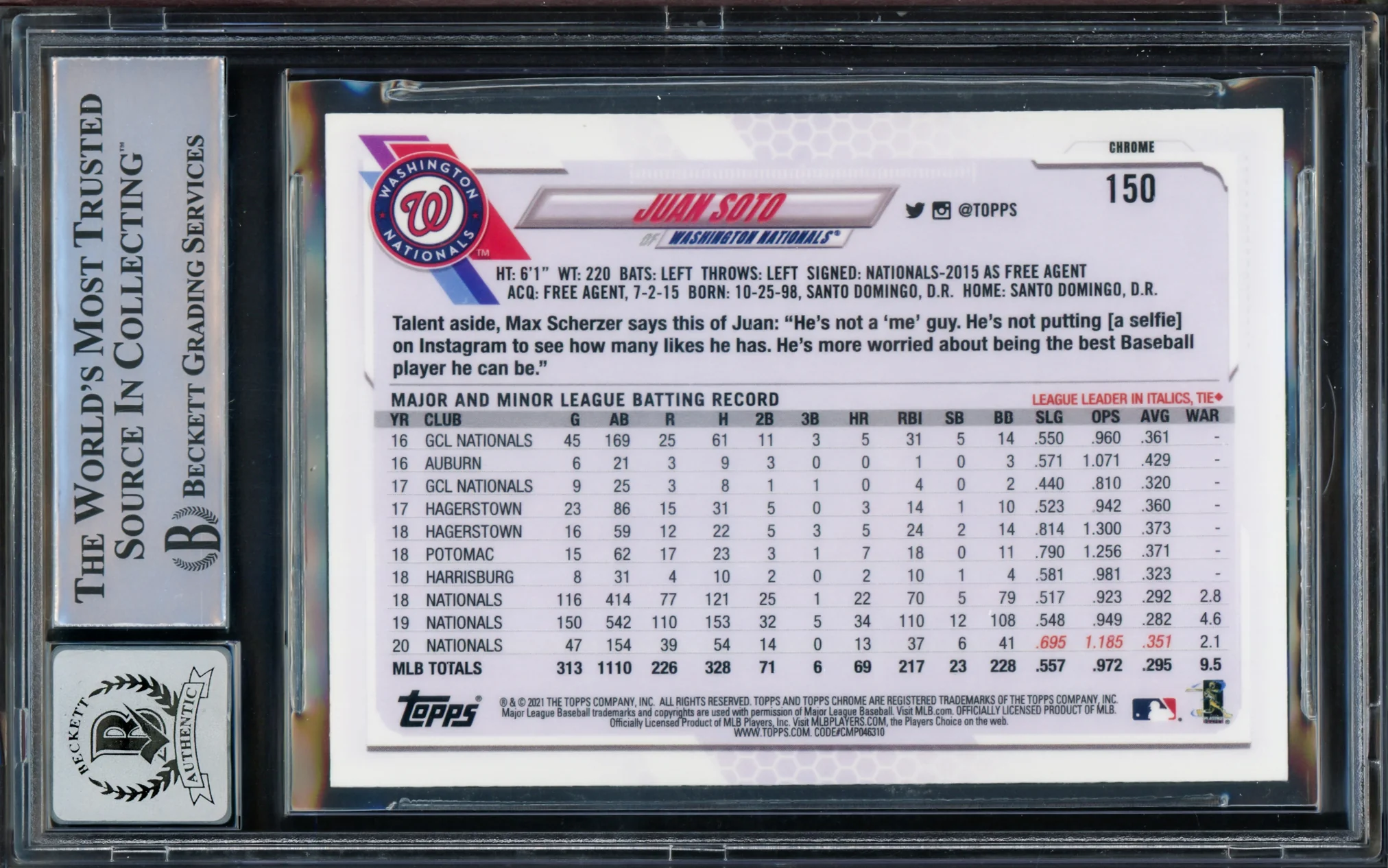 Juan Soto Autographed 2021 Topps Chrome Card #150 New York Mets Auto Grade Gem Mint 10 Beckett BAS #15774068 - Image 2