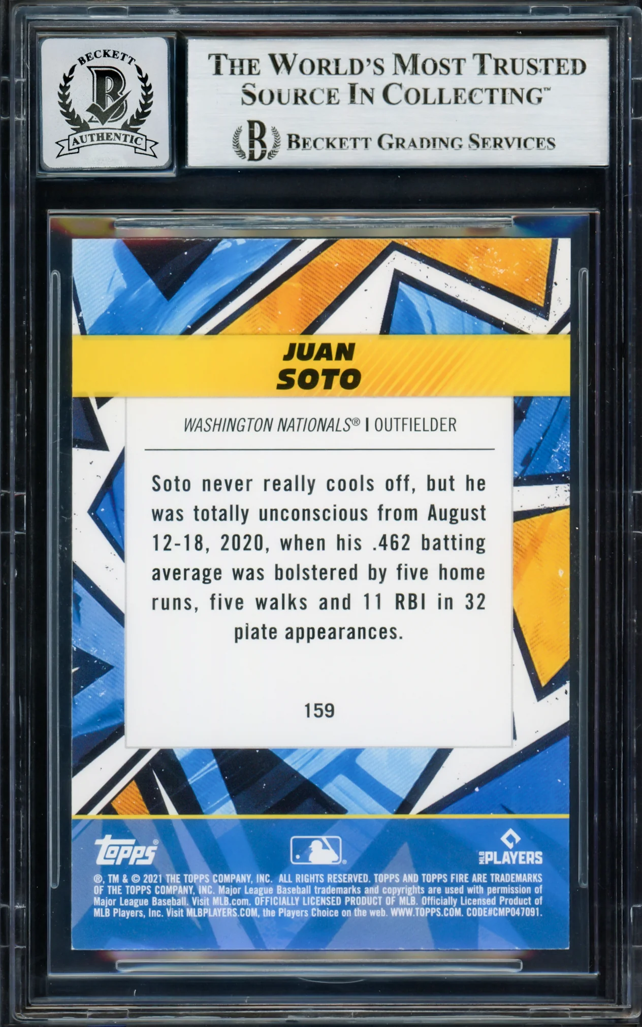 Juan Soto Autographed 2021 Topps Fire Card #159 New York Mets Auto Grade Gem Mint 10 Beckett BAS #17039246 - Image 4