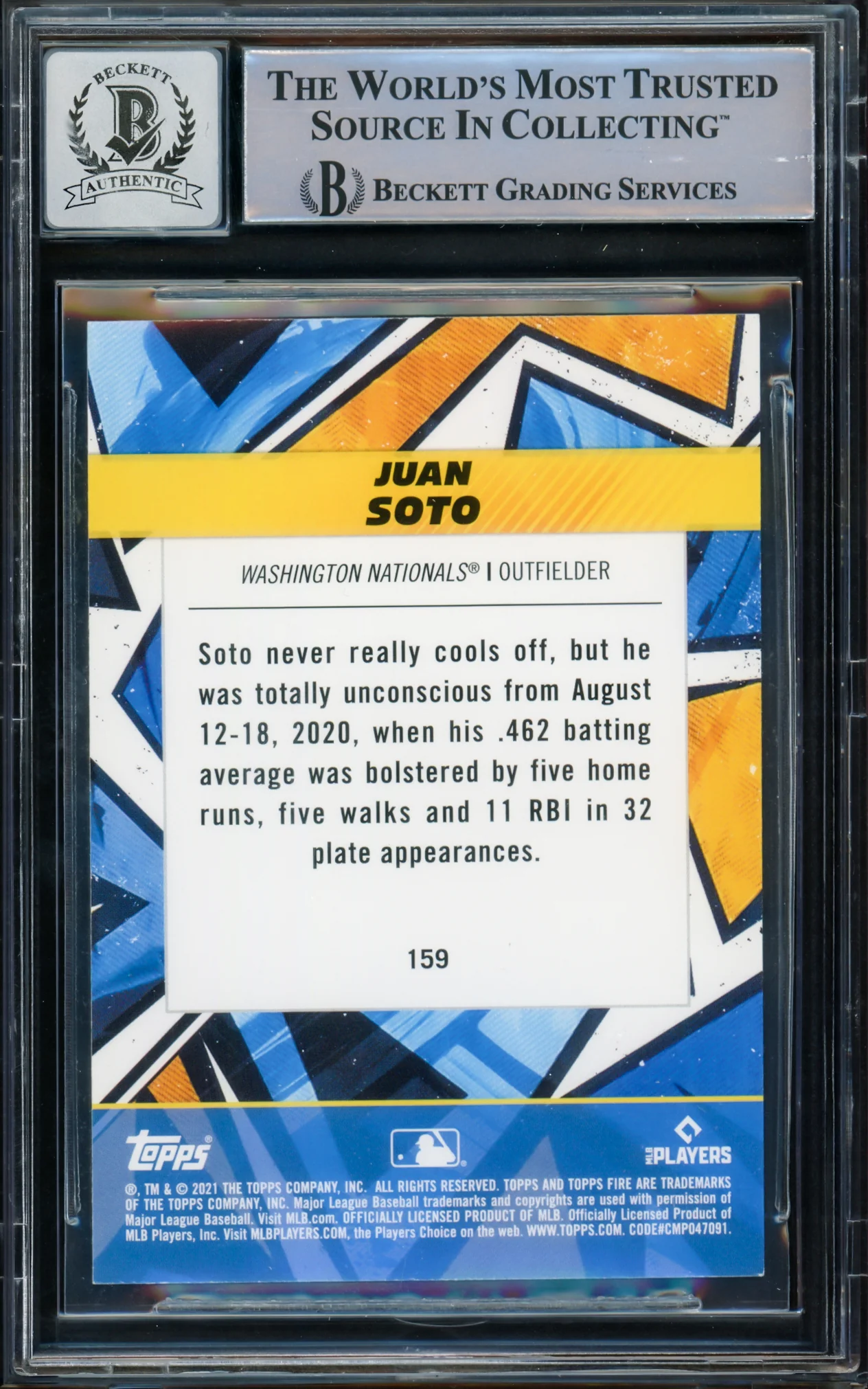 Juan Soto Autographed 2021 Topps Fire Card #159 New York Mets Auto Grade Gem Mint 10 Beckett BAS #15774071 - Image 2