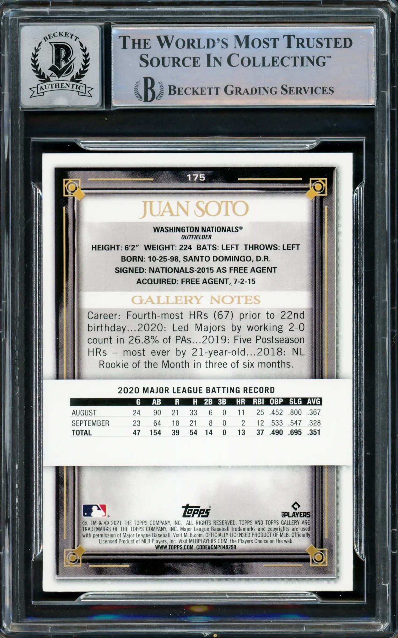 Juan Soto Autographed 2021 Topps Gallery Card #175 New York Mets Auto Grade Gem Mint 10 Beckett BAS #15860529 - Image 2