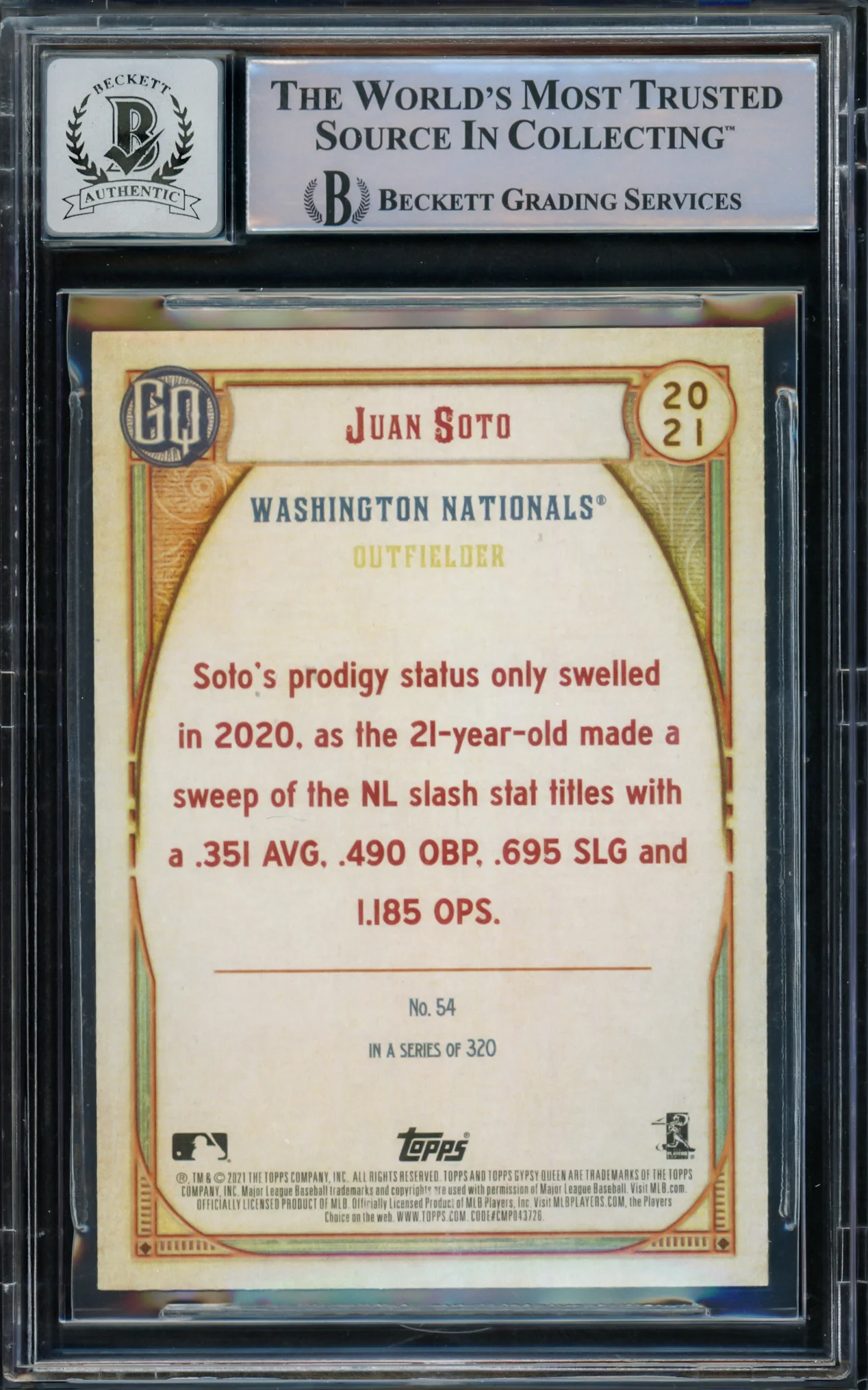 Juan Soto Autographed 2021 Topps Gypsy Queen Card #54 New York Mets Auto Grade Gem Mint 10 Beckett BAS #15774073 - Image 2