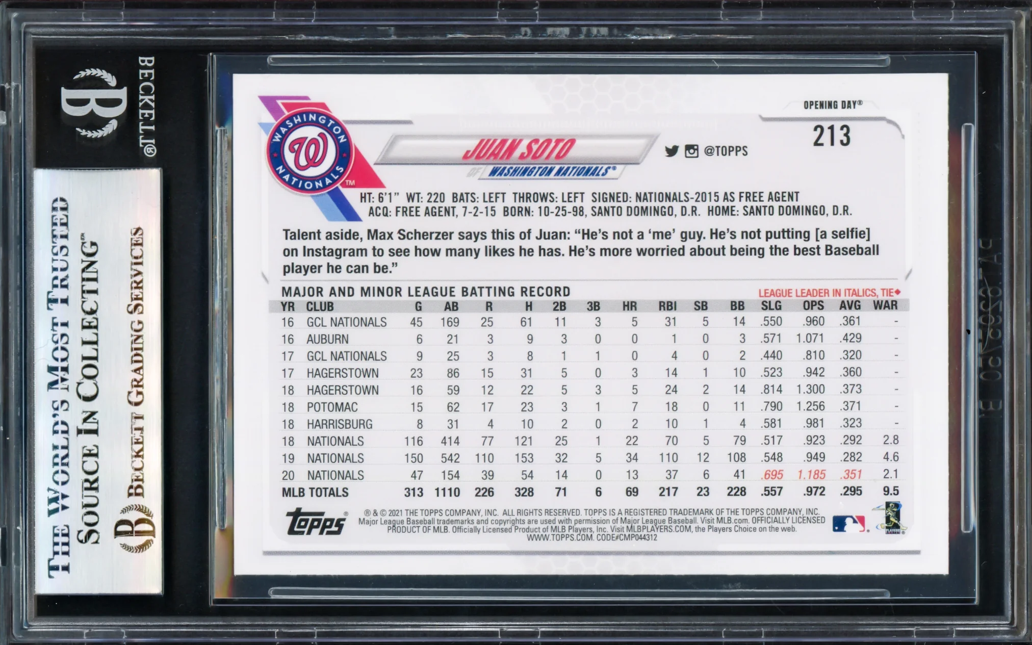 Juan Soto Autographed 2021 Topps Opening Day Card #213 New York Mets Beckett BAS #17069738 - Image 2