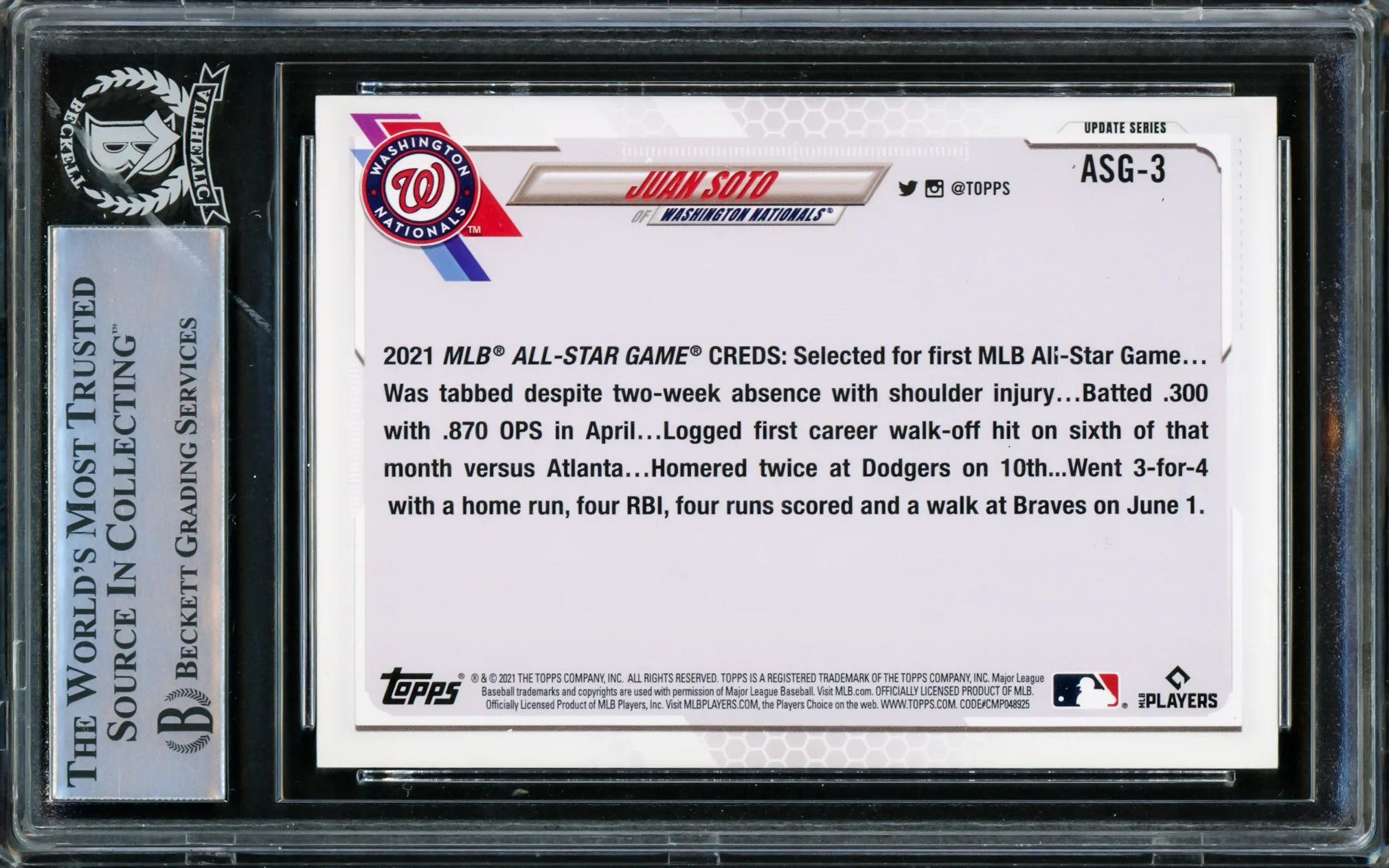 Juan Soto Autographed 2021 Topps Update All Star Game Card #ASG-3 New York Mets Beckett BAS #15866953 - Image 2