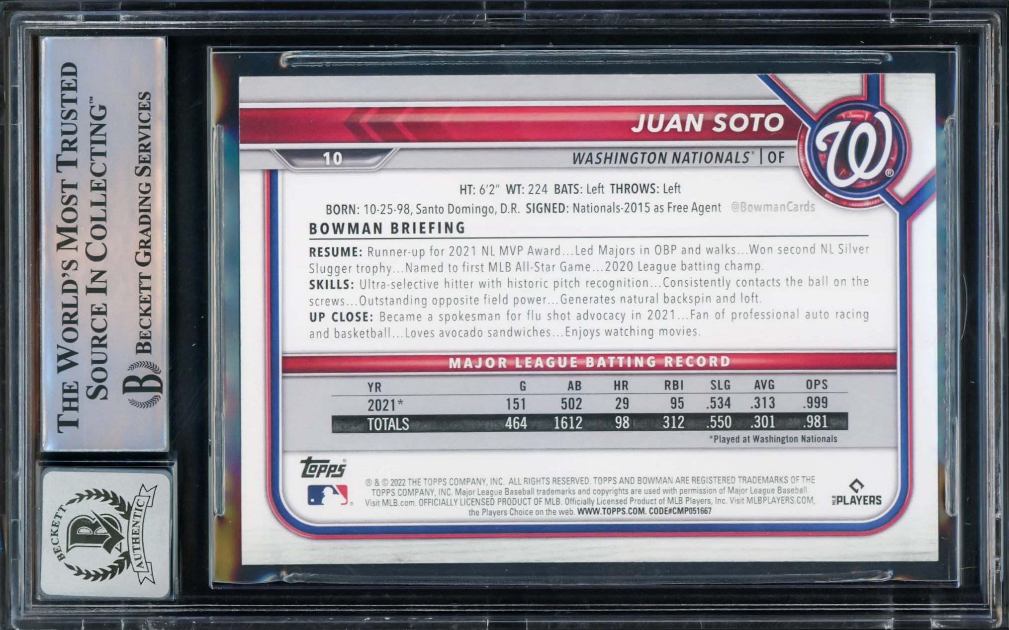Juan Soto Autographed 2022 Bowman Card #10 New York Mets Auto Grade Gem Mint 10 Beckett BAS #15774086 - Image 2