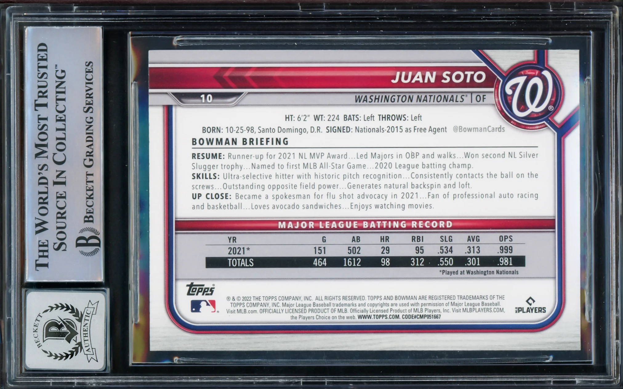 Juan Soto Autographed 2022 Bowman Card #10 New York Mets Auto Grade Gem Mint 10 Beckett BAS #15774089 - Image 2