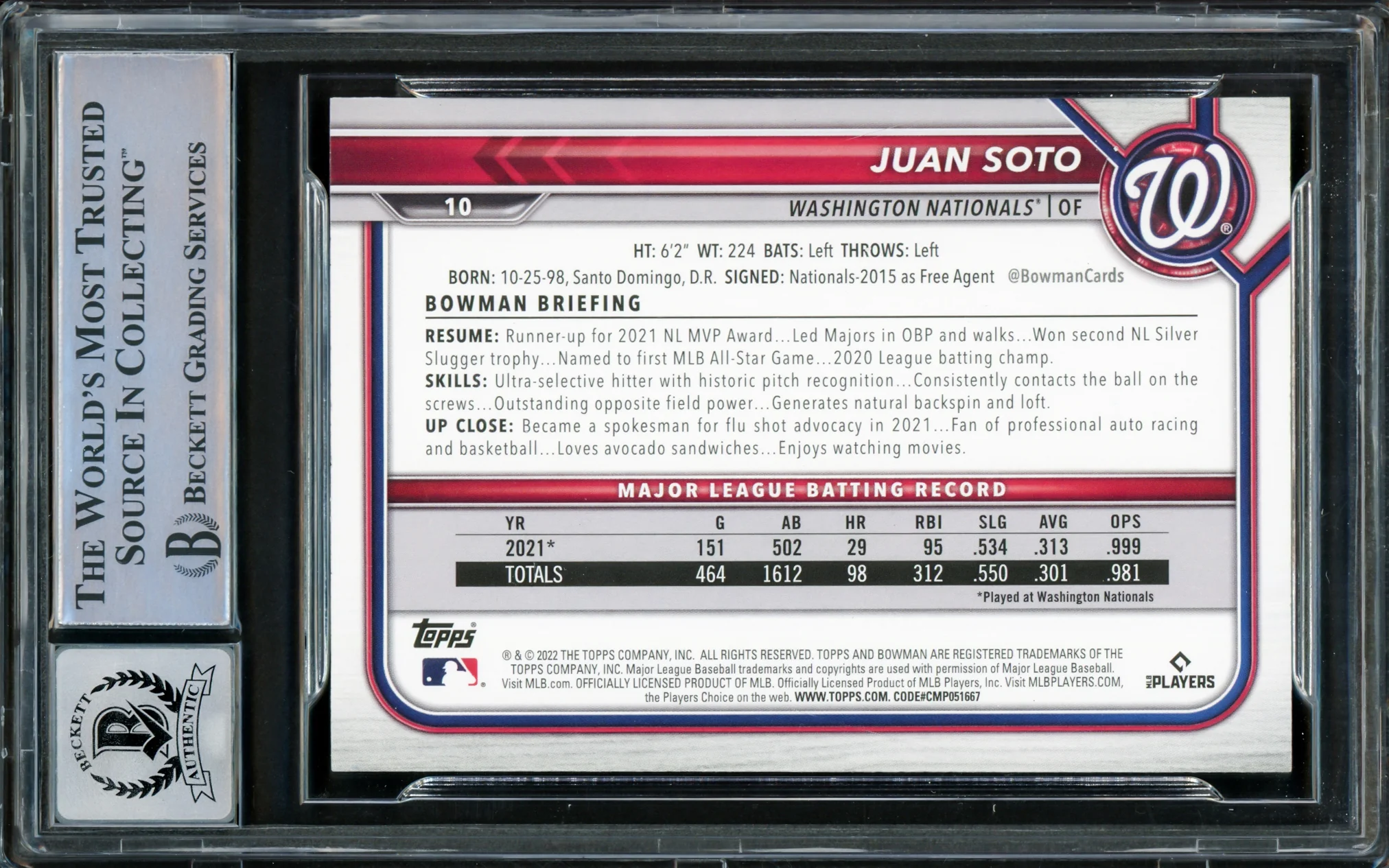 Juan Soto Autographed 2022 Bowman Card #10 New York Mets Auto Grade Gem Mint 10 Beckett BAS Stock #218673 - Image 2