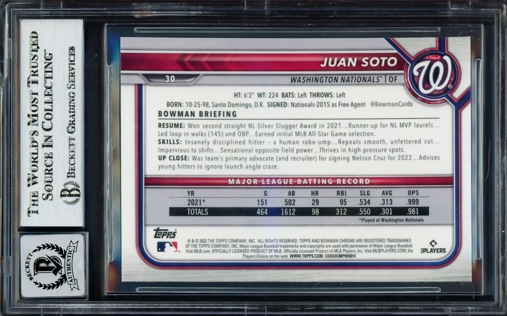 Juan Soto Autographed 2022 Bowman Chrome Card #30 New York Mets Auto Grade Gem Mint 10 Beckett BAS #17039352 - Image 4