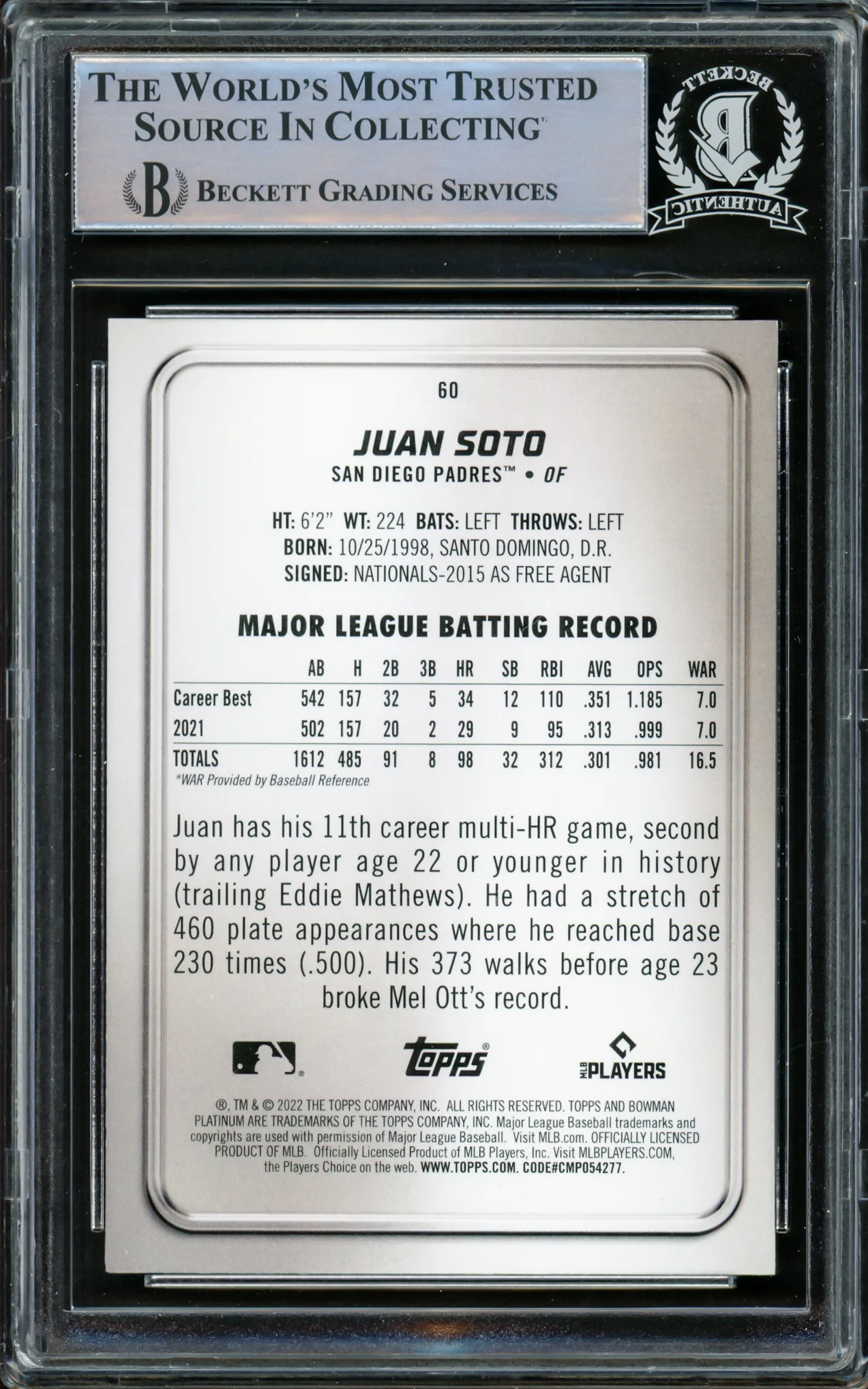 Juan Soto Autographed 2022 Bowman Platinum Card #60 New York Mets Beckett BAS #15866958 - Image 2