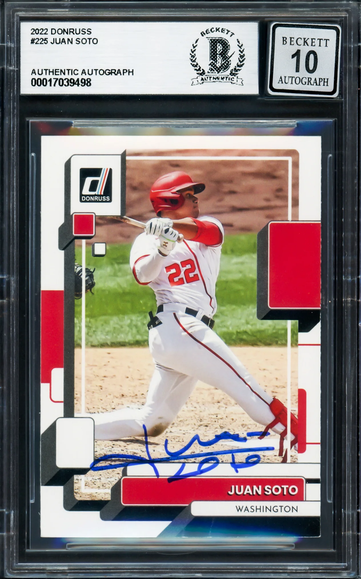 Juan Soto Autographed 2022 Donruss Card #225 New York Mets Auto Grade Gem Mint 10 Beckett BAS Stock #233985