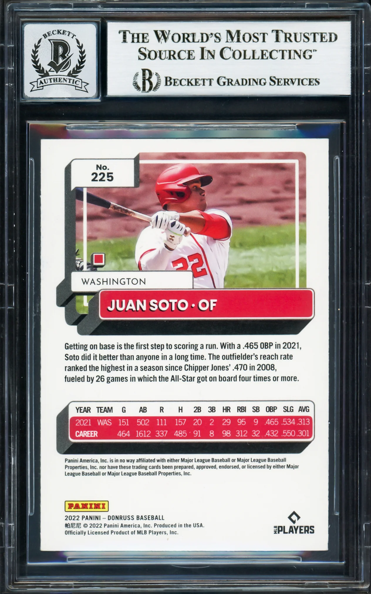 Juan Soto Autographed 2022 Donruss Card #225 New York Mets Auto Grade Gem Mint 10 Beckett BAS Stock #233985 - Image 2