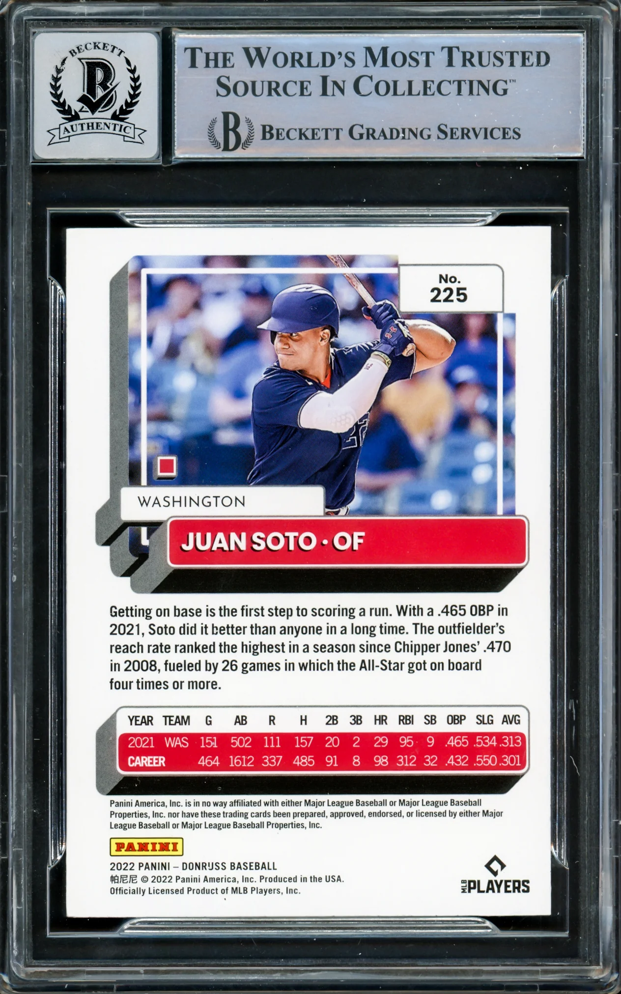 Juan Soto Autographed 2022 Donruss Card #225 New York Mets Auto Grade Gem Mint 10 Beckett BAS #15860603 - Image 2