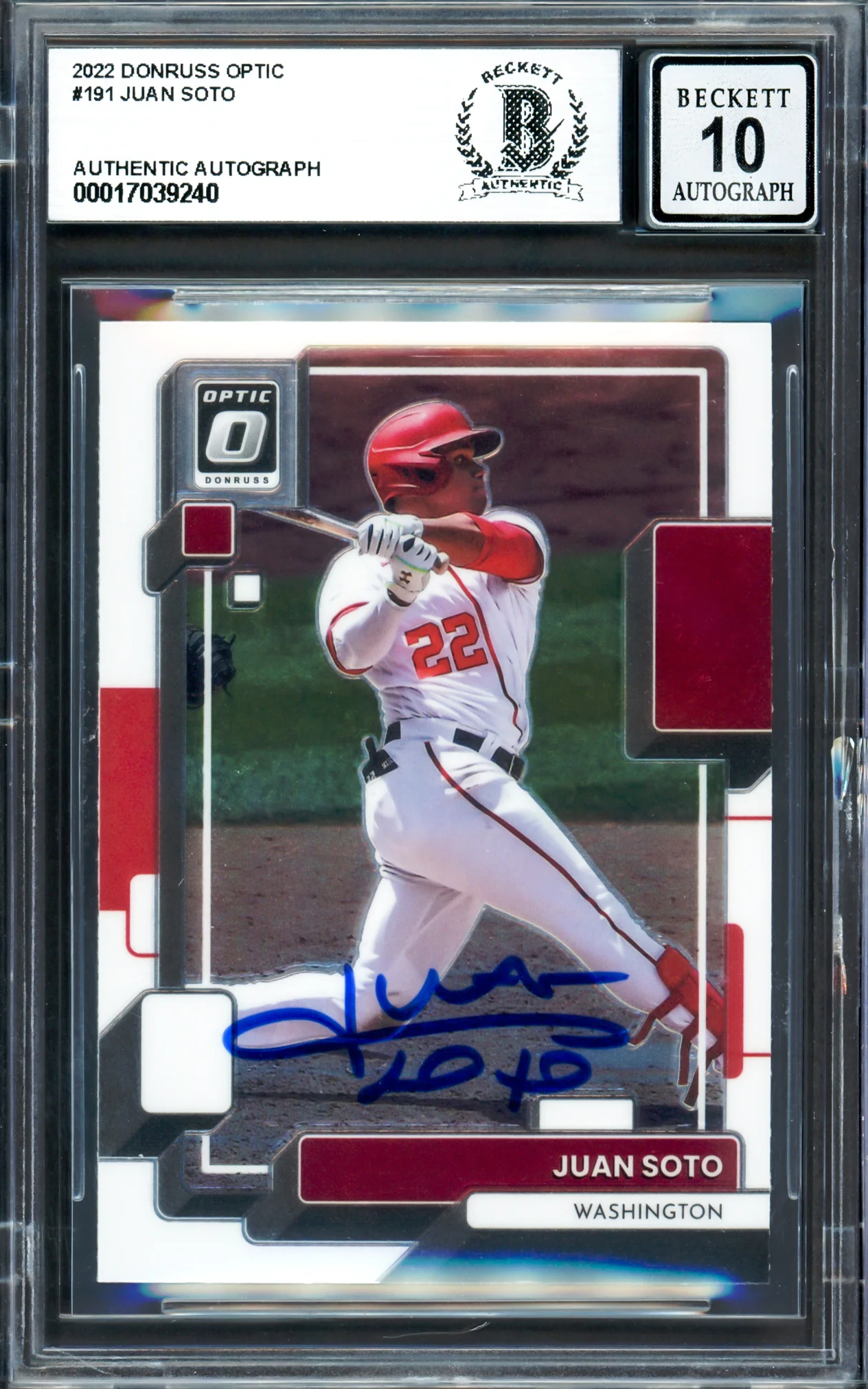 Juan Soto Autographed 2022 Donruss Optic Card #191 New York Mets Auto Grade Gem Mint 10 Beckett BAS #17039240 - Image 3