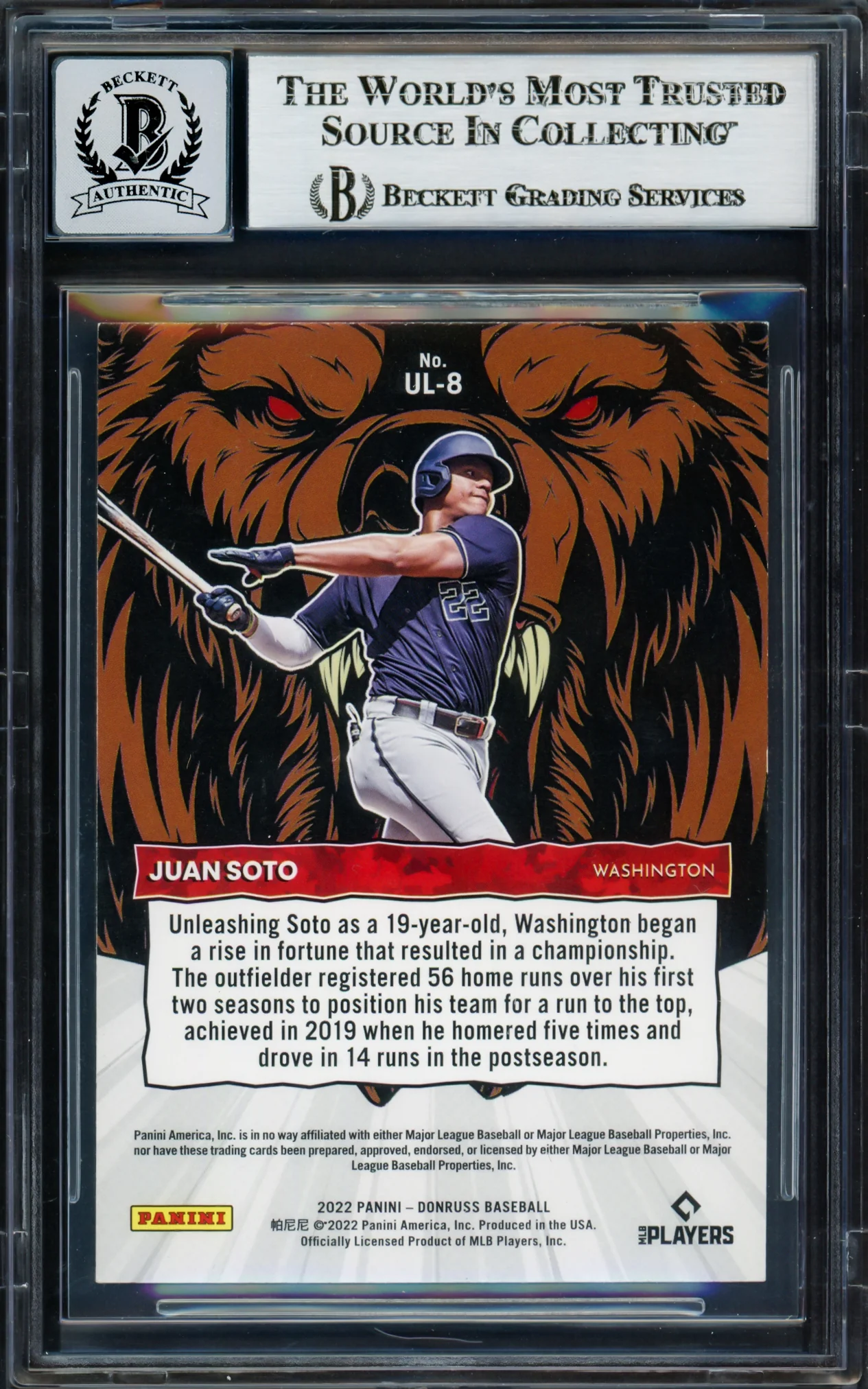 Juan Soto Autographed 2022 Donruss Unleashed Card #UL8 New York Mets Auto Grade Gem Mint 10 Beckett BAS #17039288 - Image 2