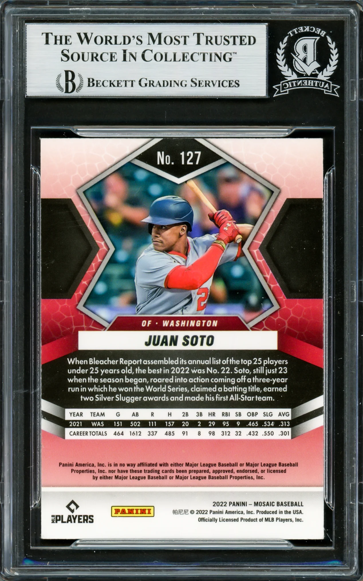 Juan Soto Autographed 2022 Panini Mosaic Card #127 New York Mets Beckett BAS #16704881 - Image 2