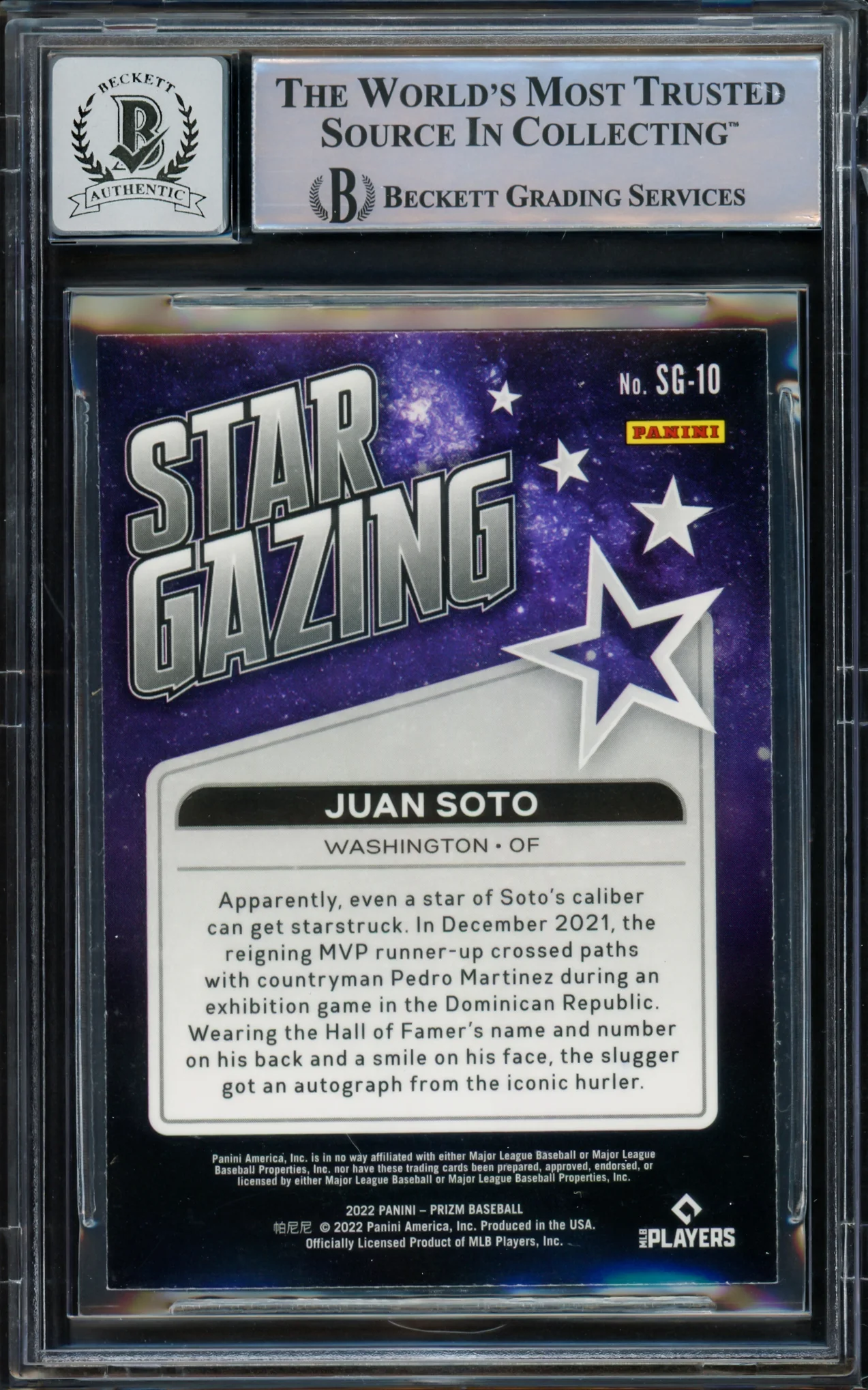 Juan Soto Autographed 2022 Panini Prizm Star Gazing Card #SG-10 New York Mets Auto Grade Gem Mint 10 Beckett BAS #15774313 - Image 2