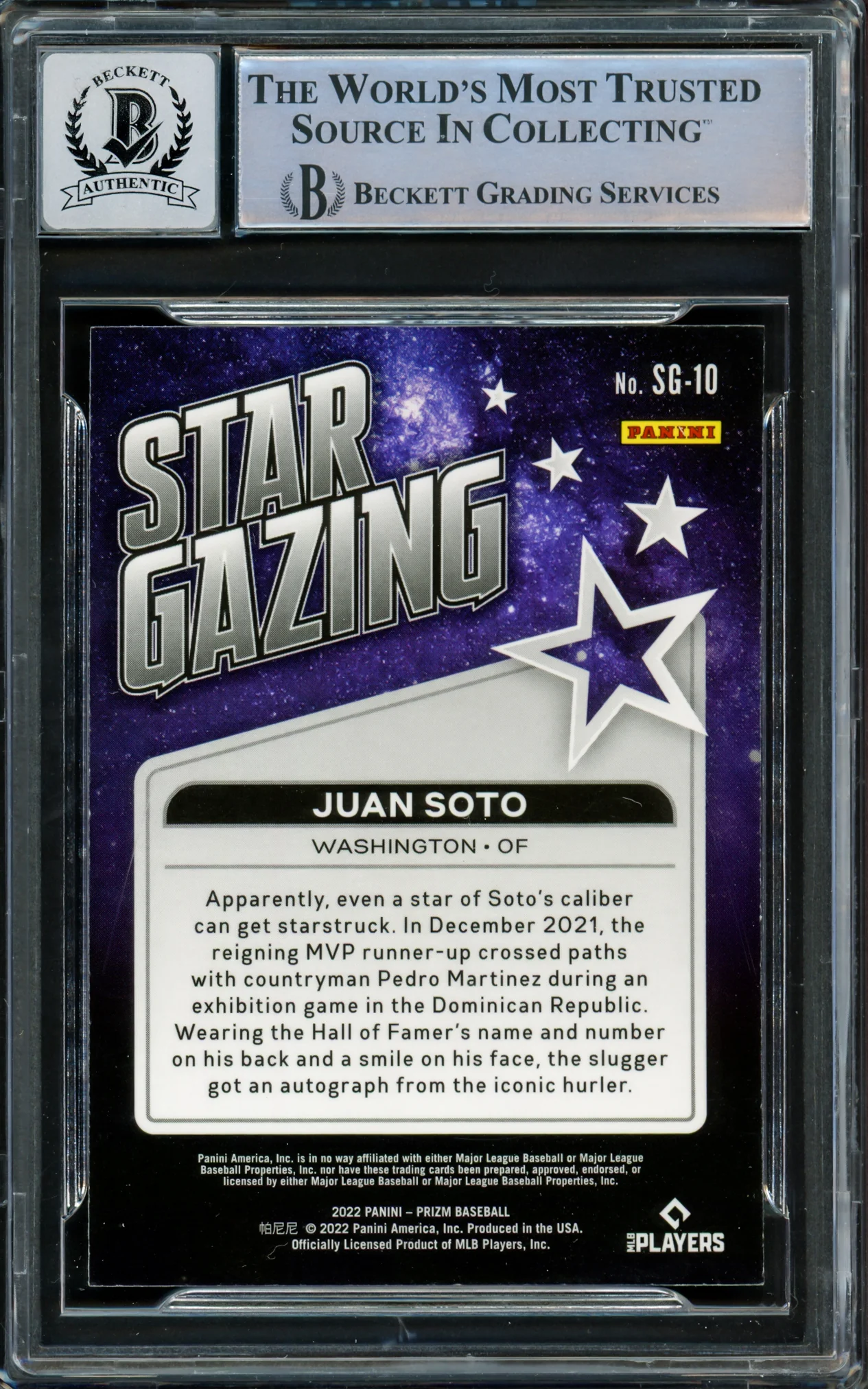 Juan Soto Autographed 2022 Panini Prizm Star Gazing Card #SG-10 New York Mets Auto Grade Gem Mint 10 Beckett BAS #15860612 - Image 2
