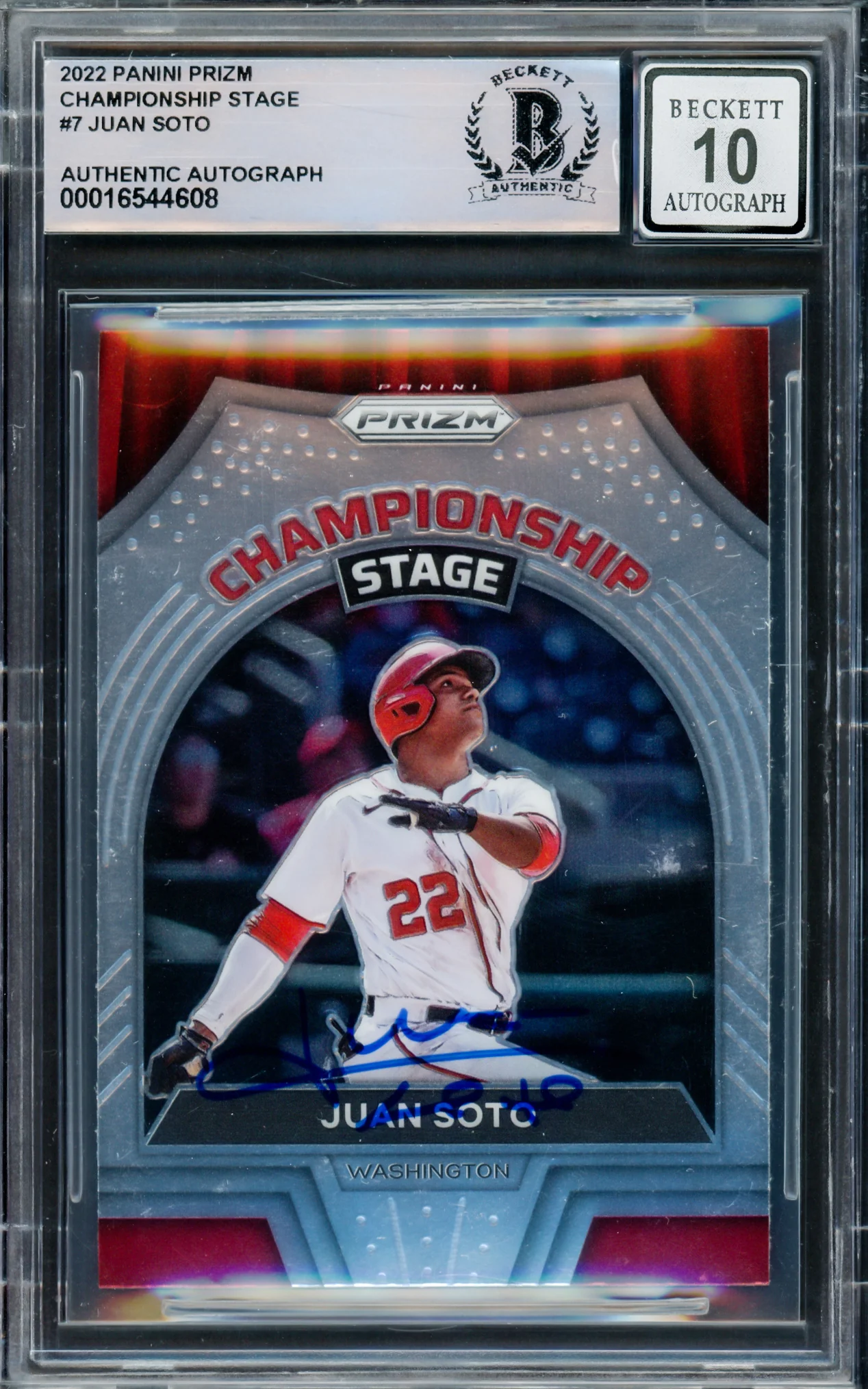 Juan Soto Autographed 2022 Prizm Championship Stage Card #CS-7 New York Mets Auto Grade Gem Mint 10 Beckett BAS #16544608