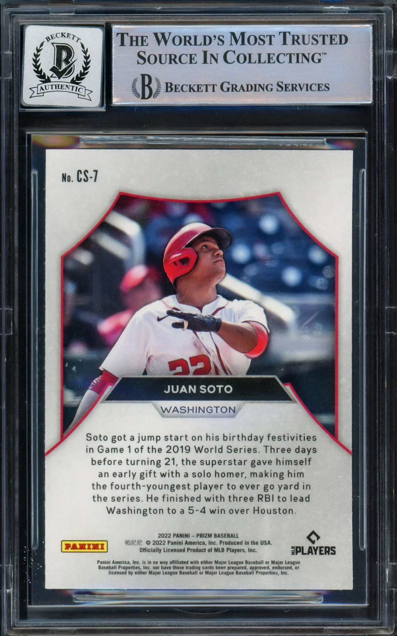 Juan Soto Autographed 2022 Prizm Championship Stage Card #CS-7 New York Mets Auto Grade Gem Mint 10 Beckett BAS #16544610 - Image 2