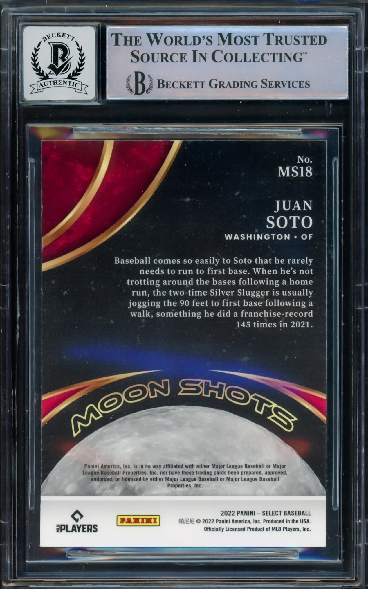 Juan Soto Autographed 2022 Select Moon Shots Card #MS18 New York Mets Auto Grade Gem Mint 10 Beckett BAS #16544627 - Image 2