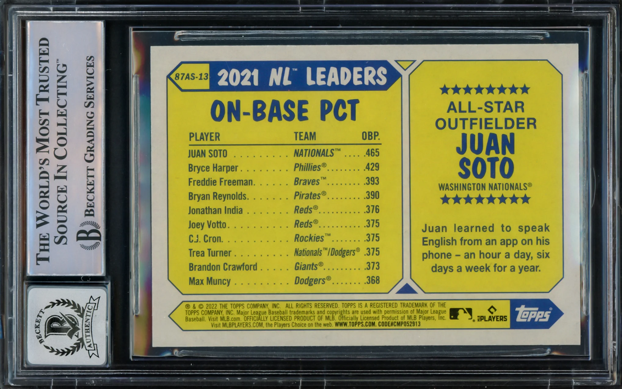 Juan Soto Autographed 2022 Topps 1987 Style Card #87AS-13 New York Mets Auto Grade Gem Mint 10 Beckett BAS #15774326 - Image 2