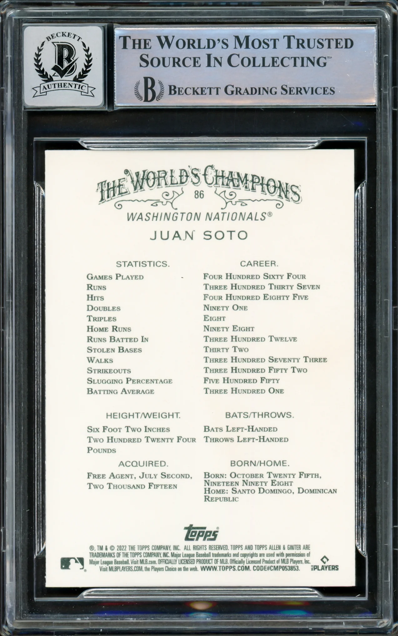 Juan Soto Autographed 2022 Topps Allen & Ginter Card #86 New York Mets Auto Grade Gem Mint 10 Beckett BAS #15860629 - Image 2